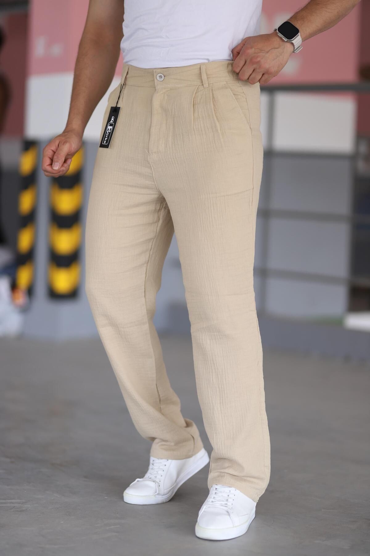 Çift Pileli Beli Lastikli Kaliteli Rahat Kesim Müslin Baggy Pantolon
