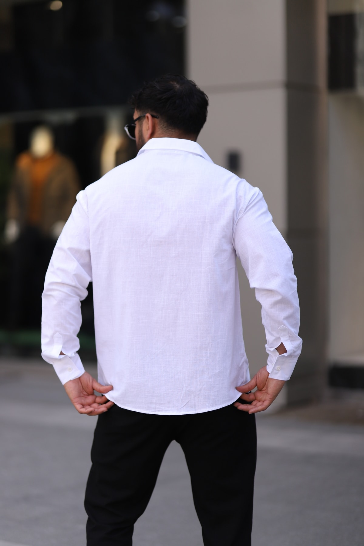 Flam Keten Dokulu Uzun Kollu Yarım Oversize Erkek Gömlek