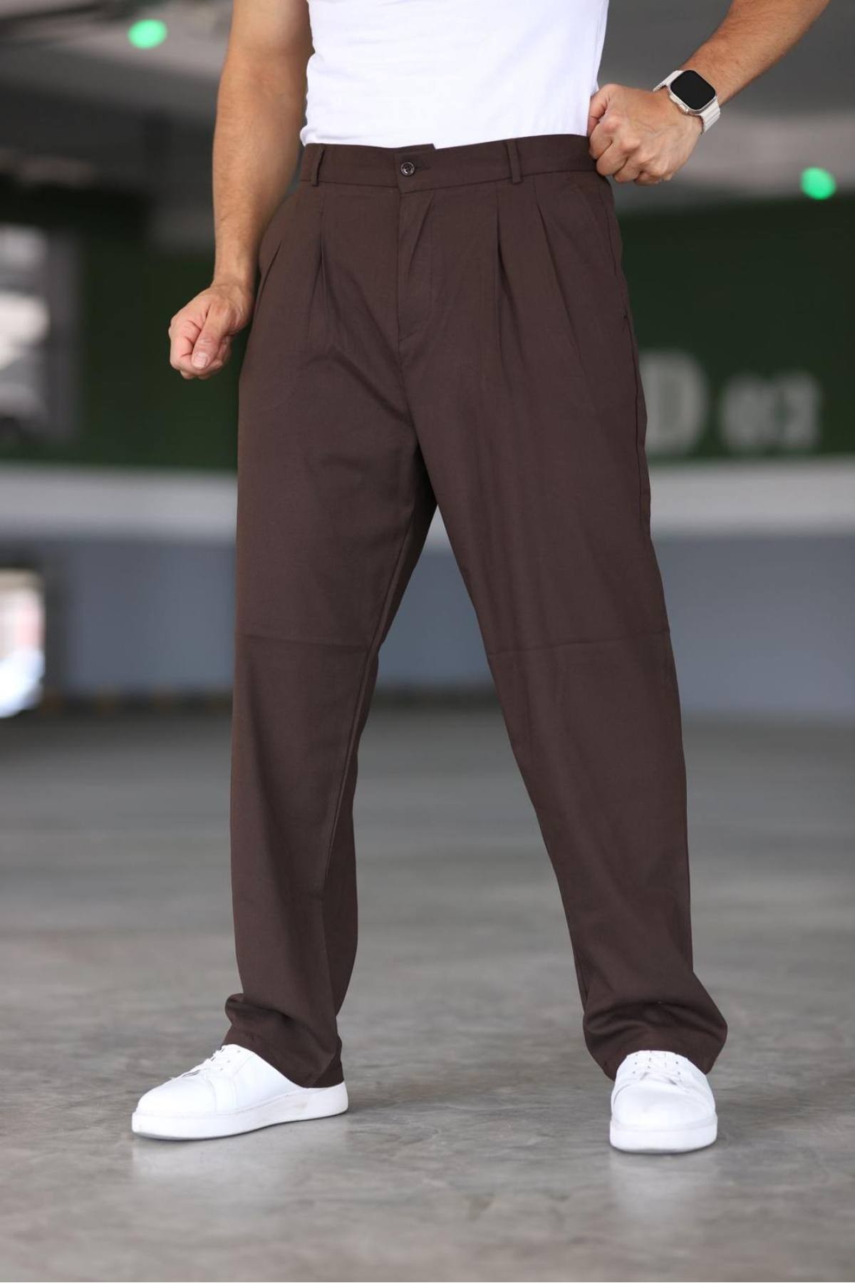 Baggy Çift Pileli Antrasit Renk Beli Lastikli Kaliteli Rahat Kesim Klasik Bol Paça Baggy Pantolon - Kahve