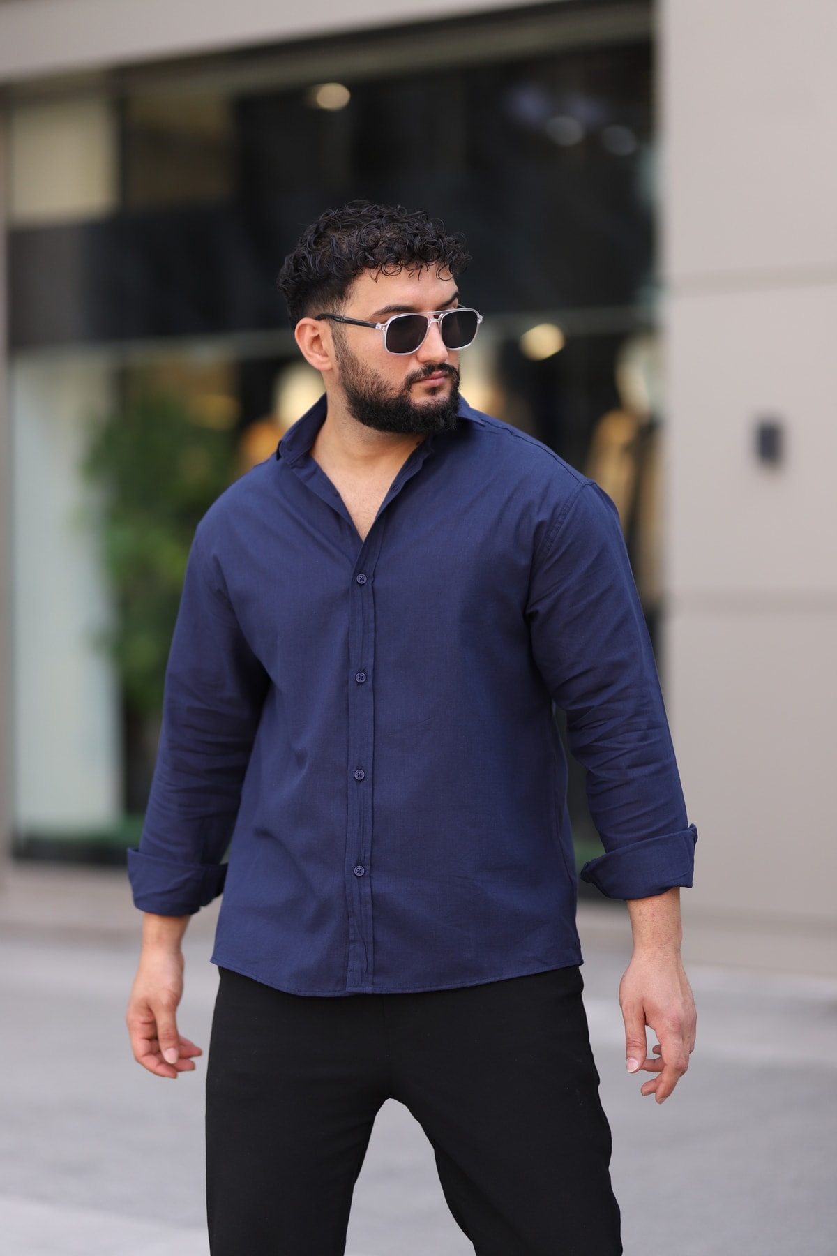 Flam Keten Dokulu Uzun Kollu Yarım Oversize Erkek Gömlek - lacivert