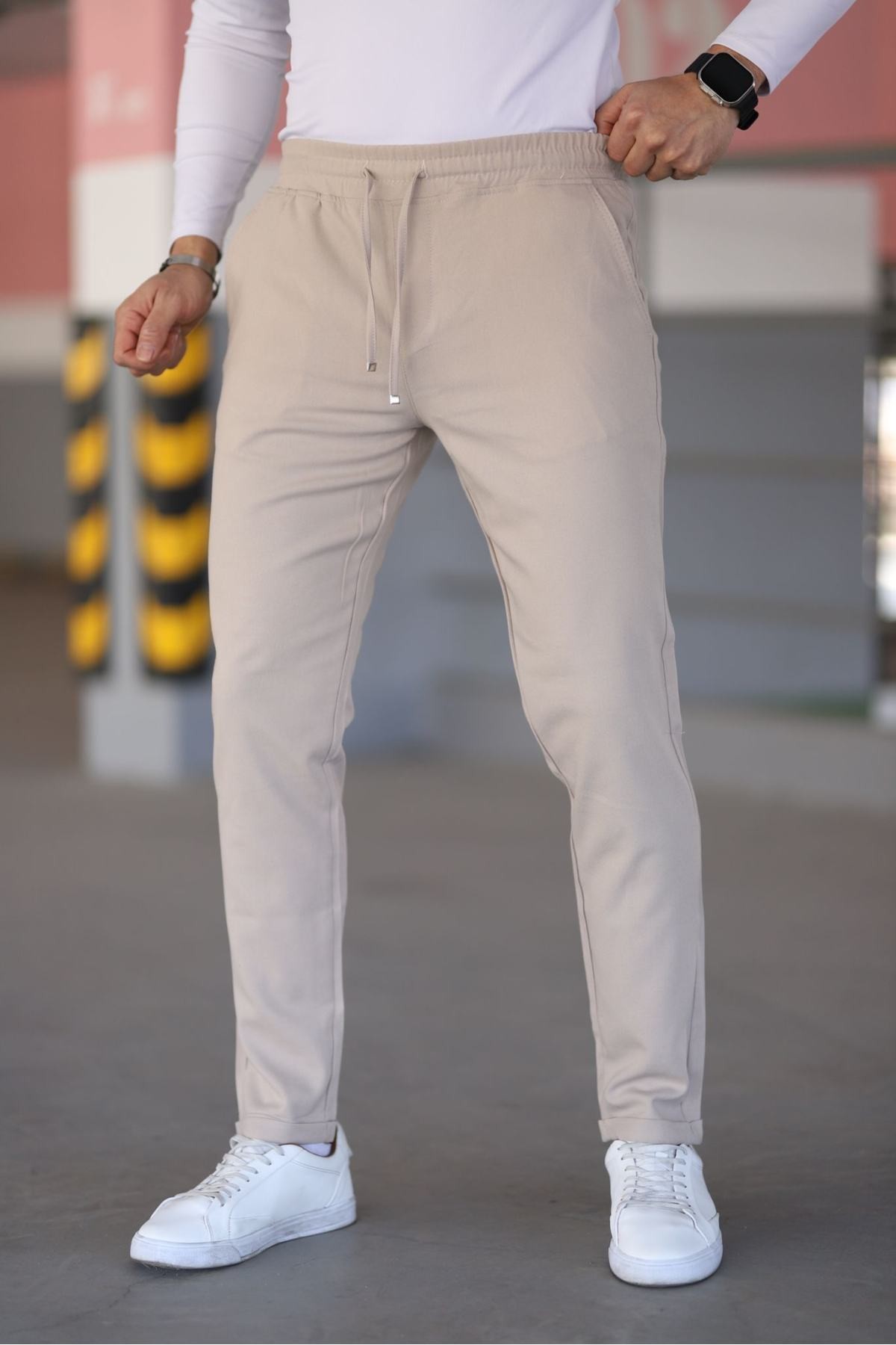 Erkek Antrasit Beli Lastikli Bağcıklı Esnek Fitted Jogger Pantolon Kumaş Pantolon - Krem