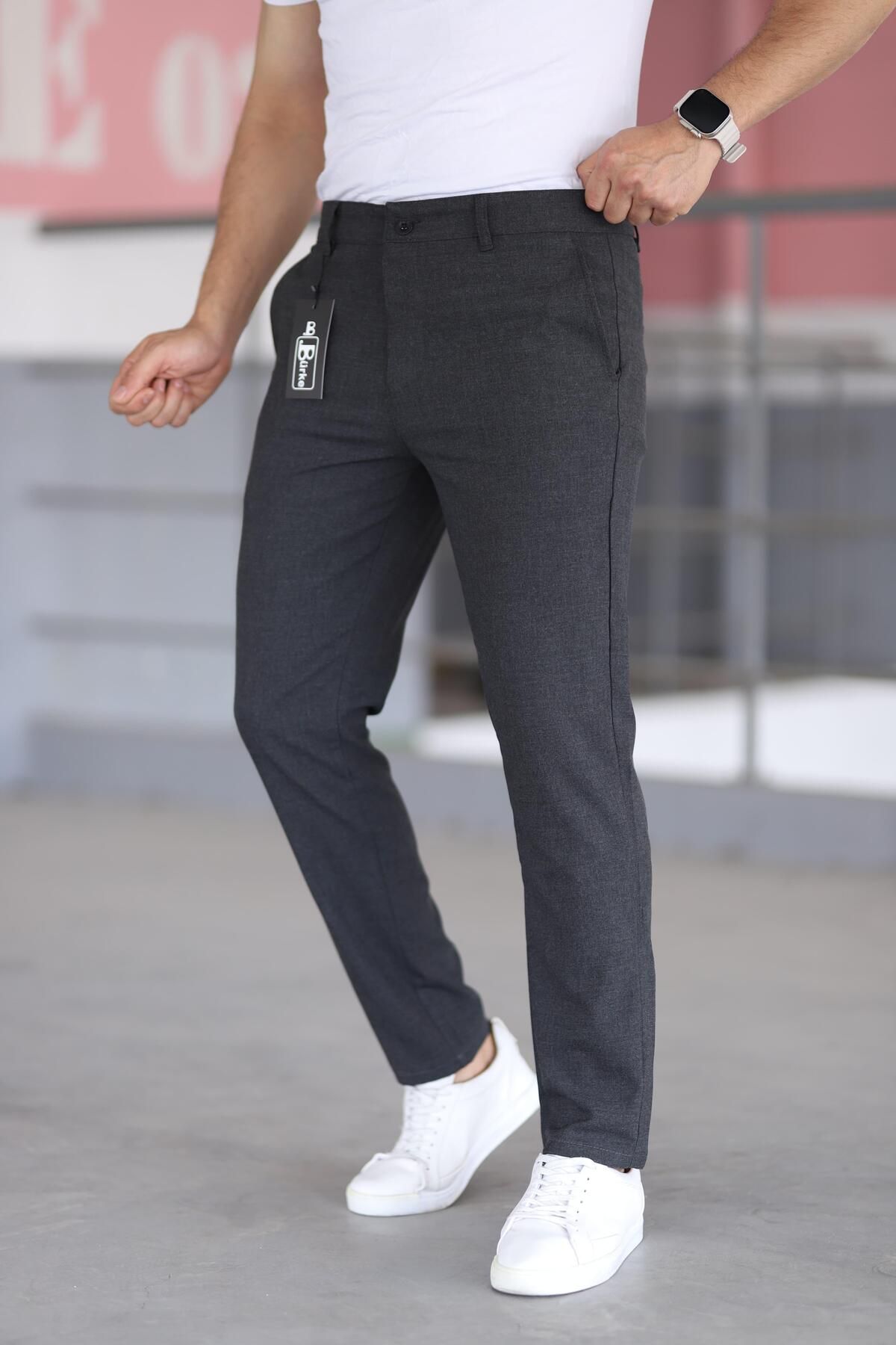 Erkek italyan Kesim Slim Fit Kumaş Pantolon - füme