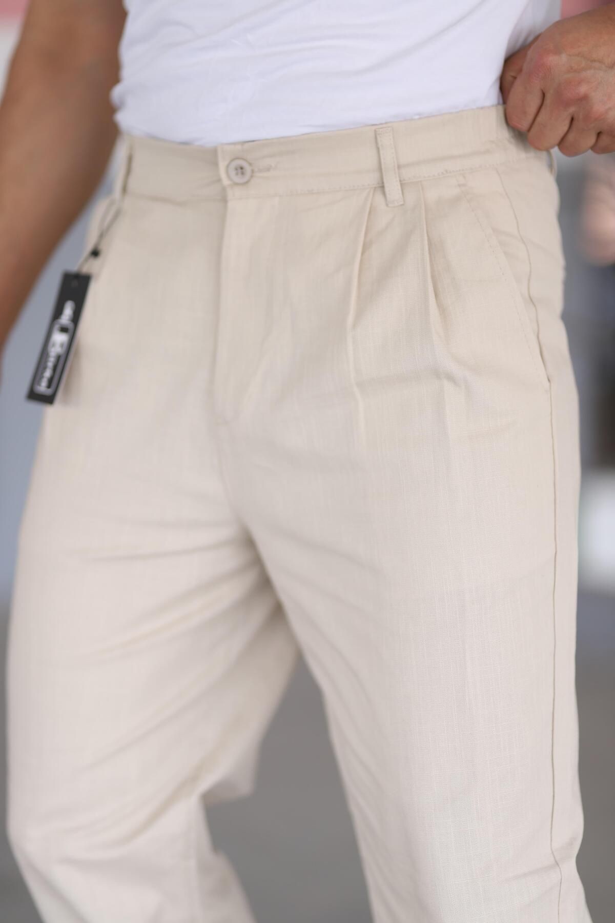 Çift Pileli Beli Lastikli Kaliteli Rahat Kesim Keten Baggy Pantolon