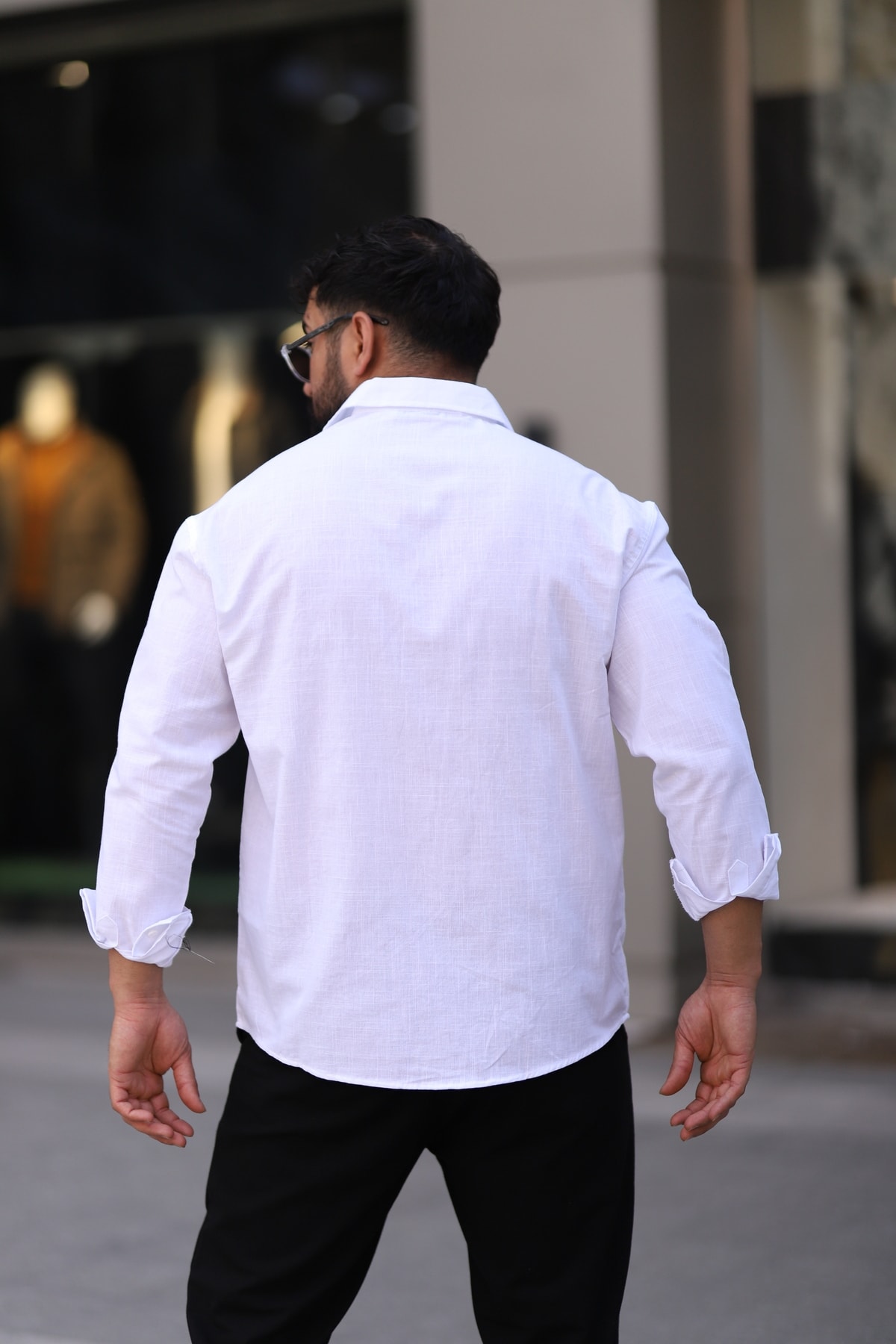 Flam Keten Dokulu Uzun Kollu Yarım Oversize Erkek Gömlek