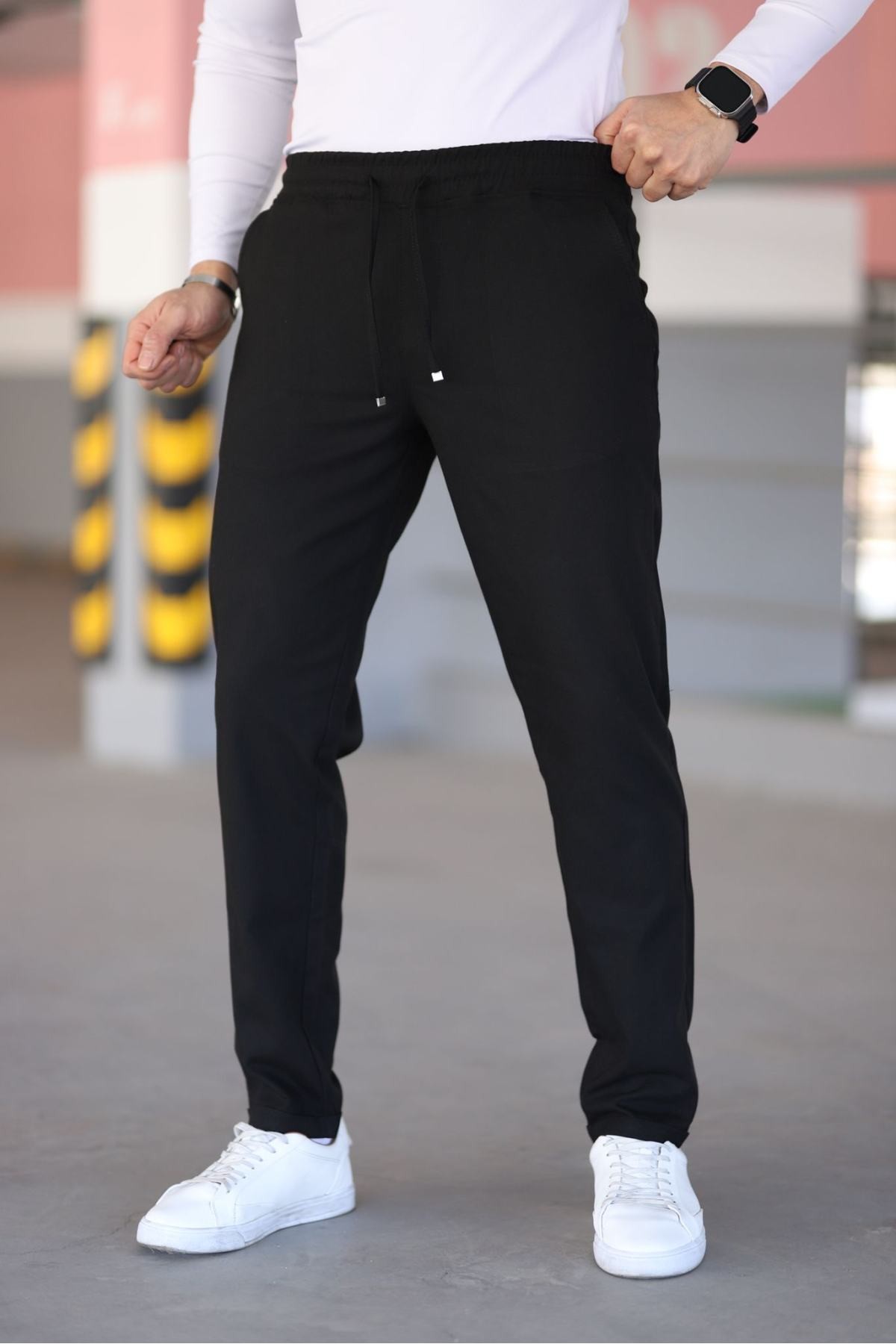 Erkek Antrasit Beli Lastikli Bağcıklı Esnek Fitted Jogger Pantolon Kumaş Pantolon - Siyah