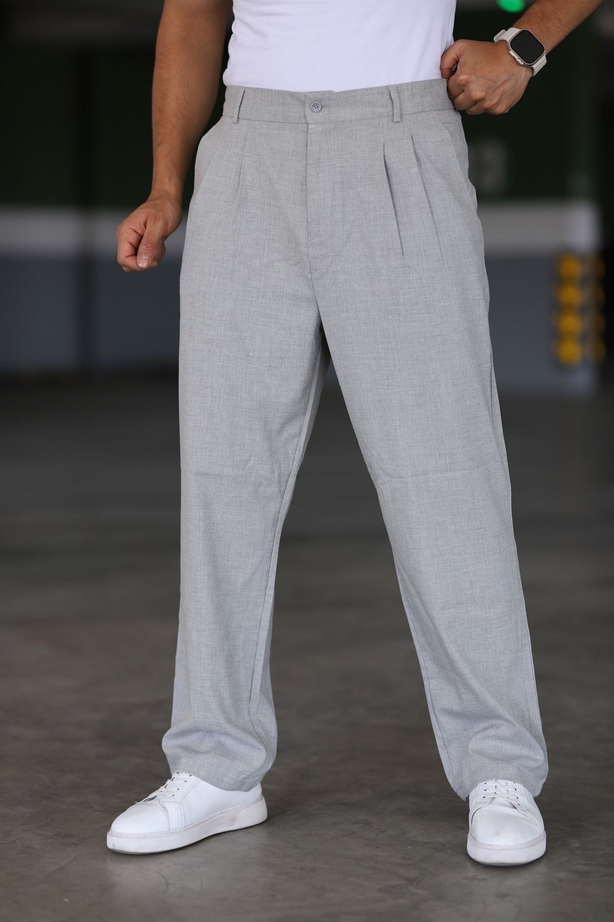 Baggy Çift Pileli  Beli Lastikli Kaliteli Rahat Kesim Klasik Bol Paça Baggy Pantolon - gri̇