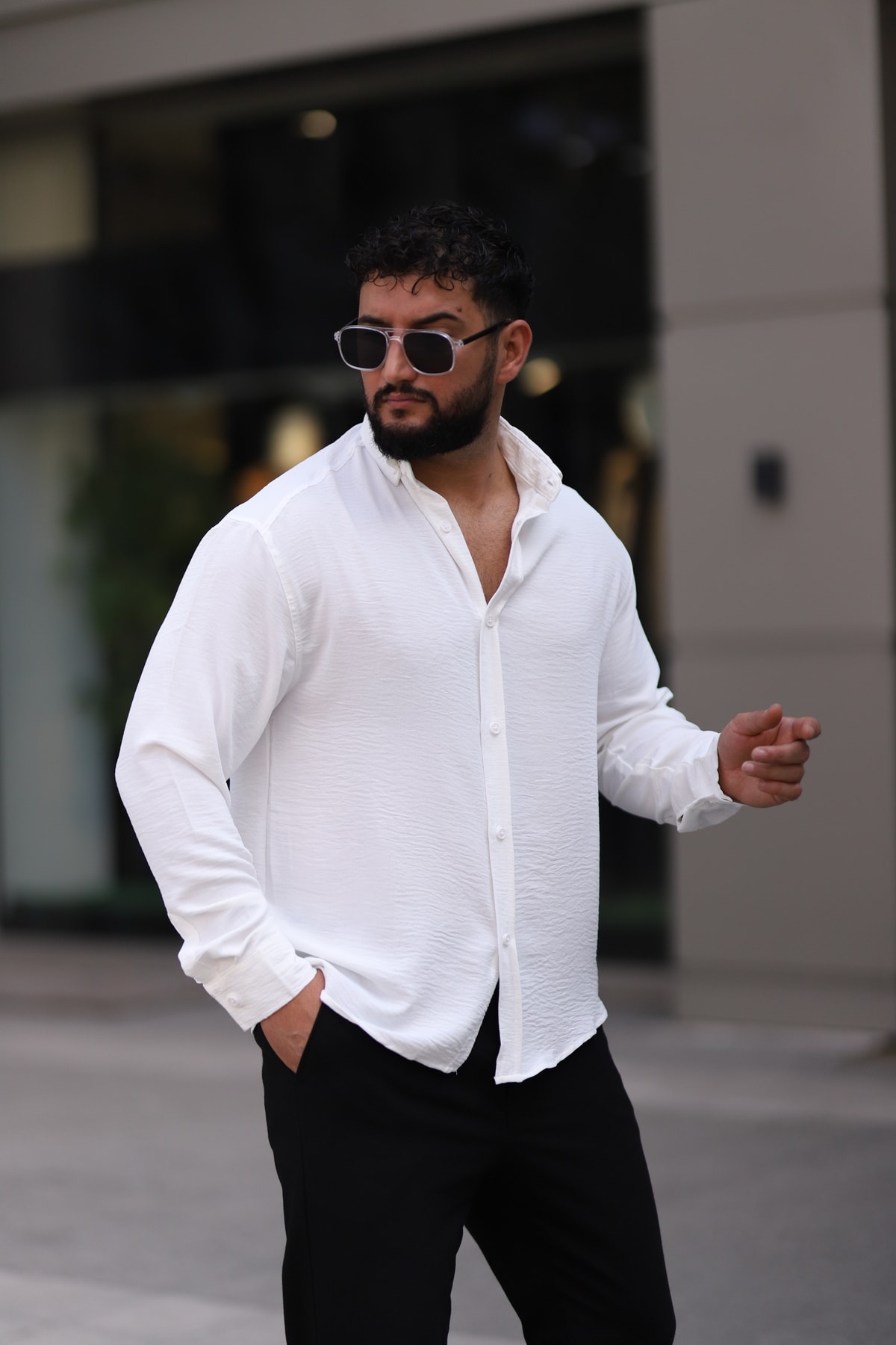 Ayrobin Uzun Kollu Esnek Likralı Rahat Yarım Oversize Erkek Gömlek