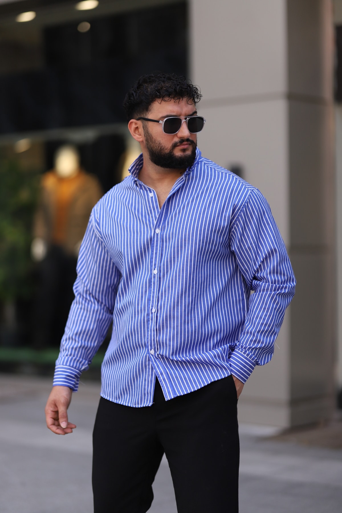 Uzun Kollu Çizgili Yarım Oversize Erkek Gömlek - mavi