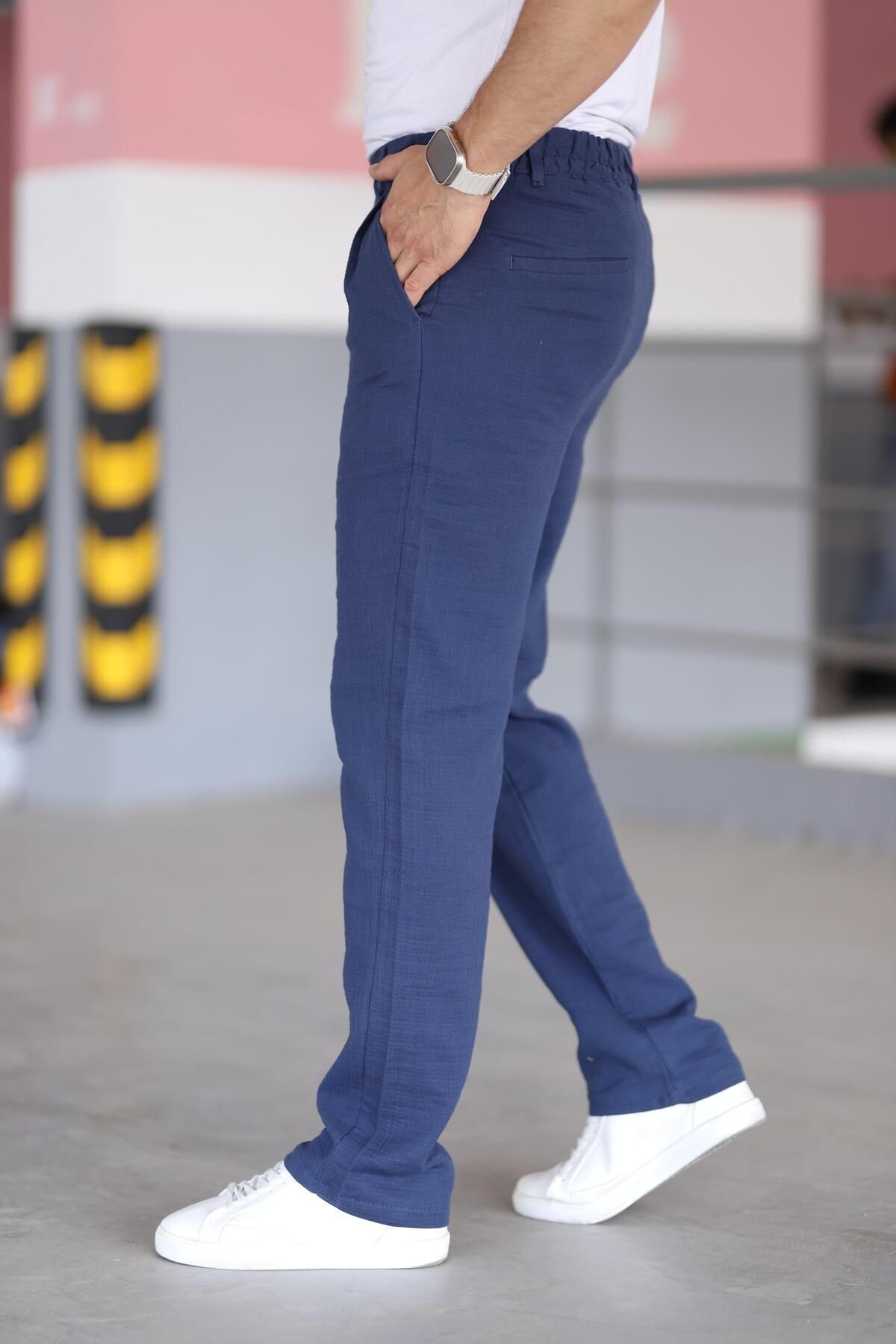 Çift Pileli Beli Lastikli Kaliteli Rahat Kesim Müslin Baggy Pantolon - lacivert