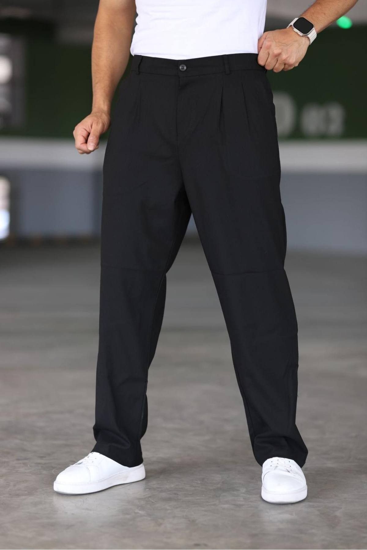 Baggy Çift Pileli Antrasit Renk Beli Lastikli Kaliteli Rahat Kesim Klasik Bol Paça Baggy Pantolon - Siyah