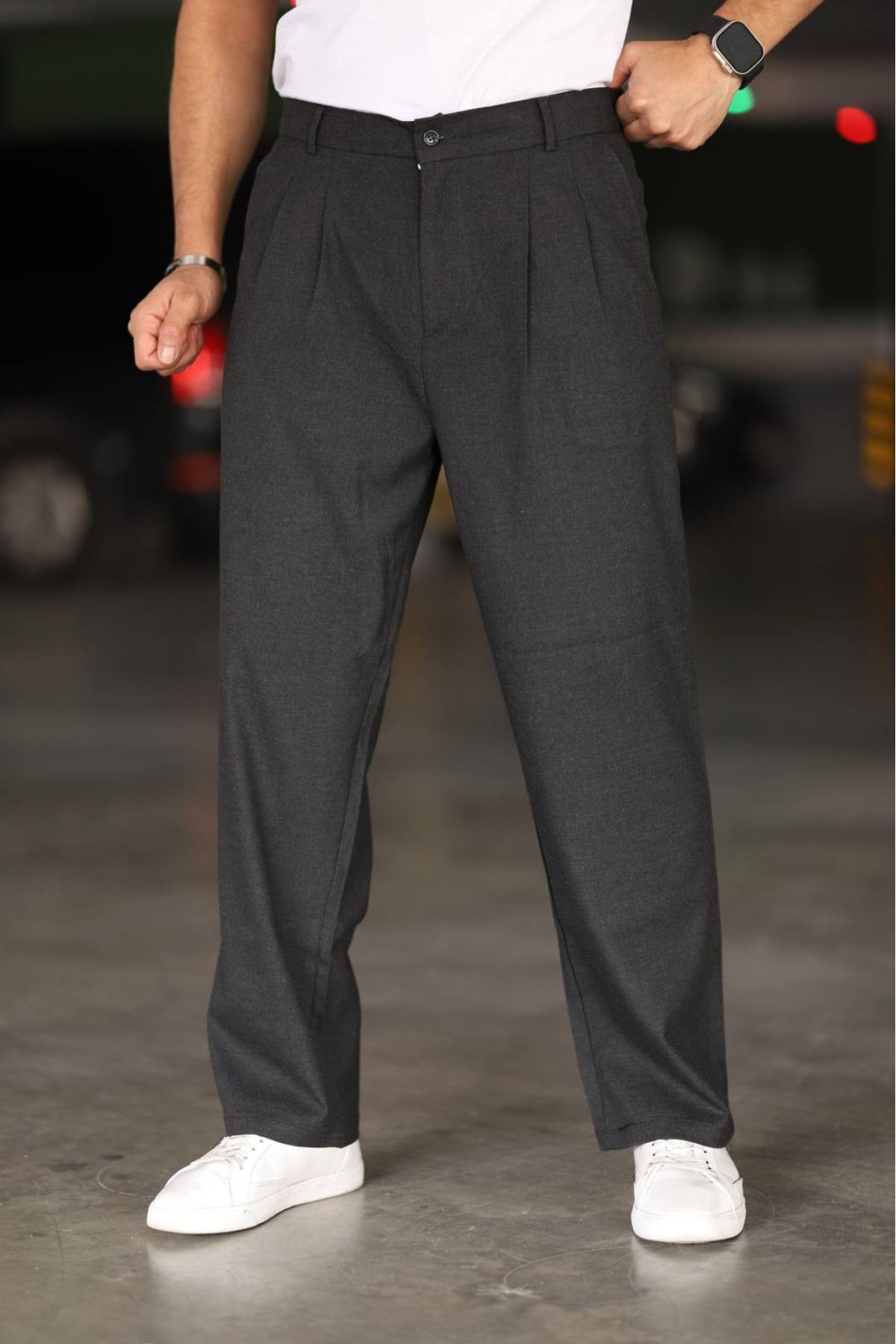 Baggy Çift Pileli Antrasit Renk Beli Lastikli Kaliteli Rahat Kesim Klasik Bol Paça Baggy Pantolon - Antrasit