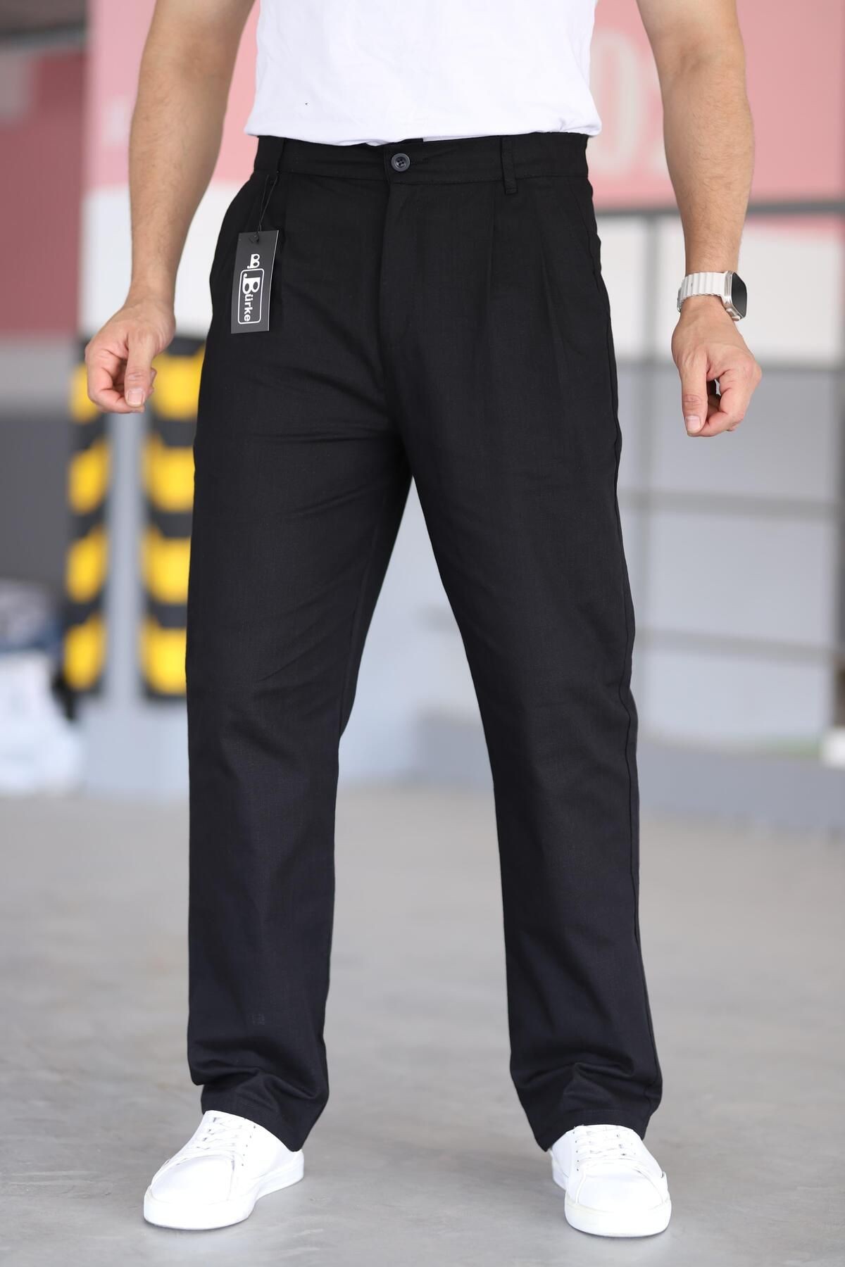 Çift Pileli Beli Lastikli Kaliteli Rahat Kesim Keten Baggy Pantolon - siyah