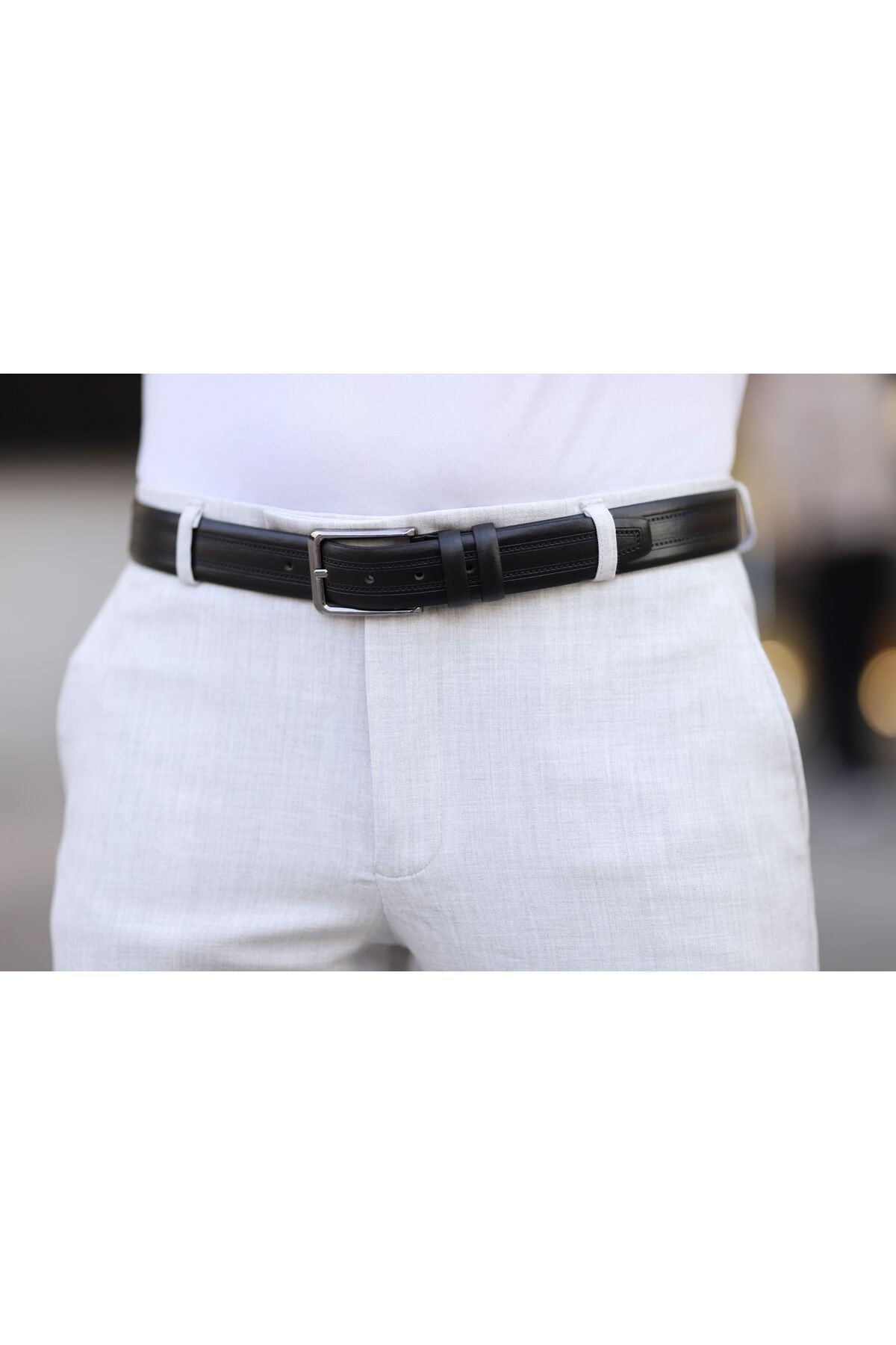 Erkek Deri Kemer Metal Tokalı Klasik Kumaş Pantolon Kemeri 3,5 cm - çift çizgi siyah