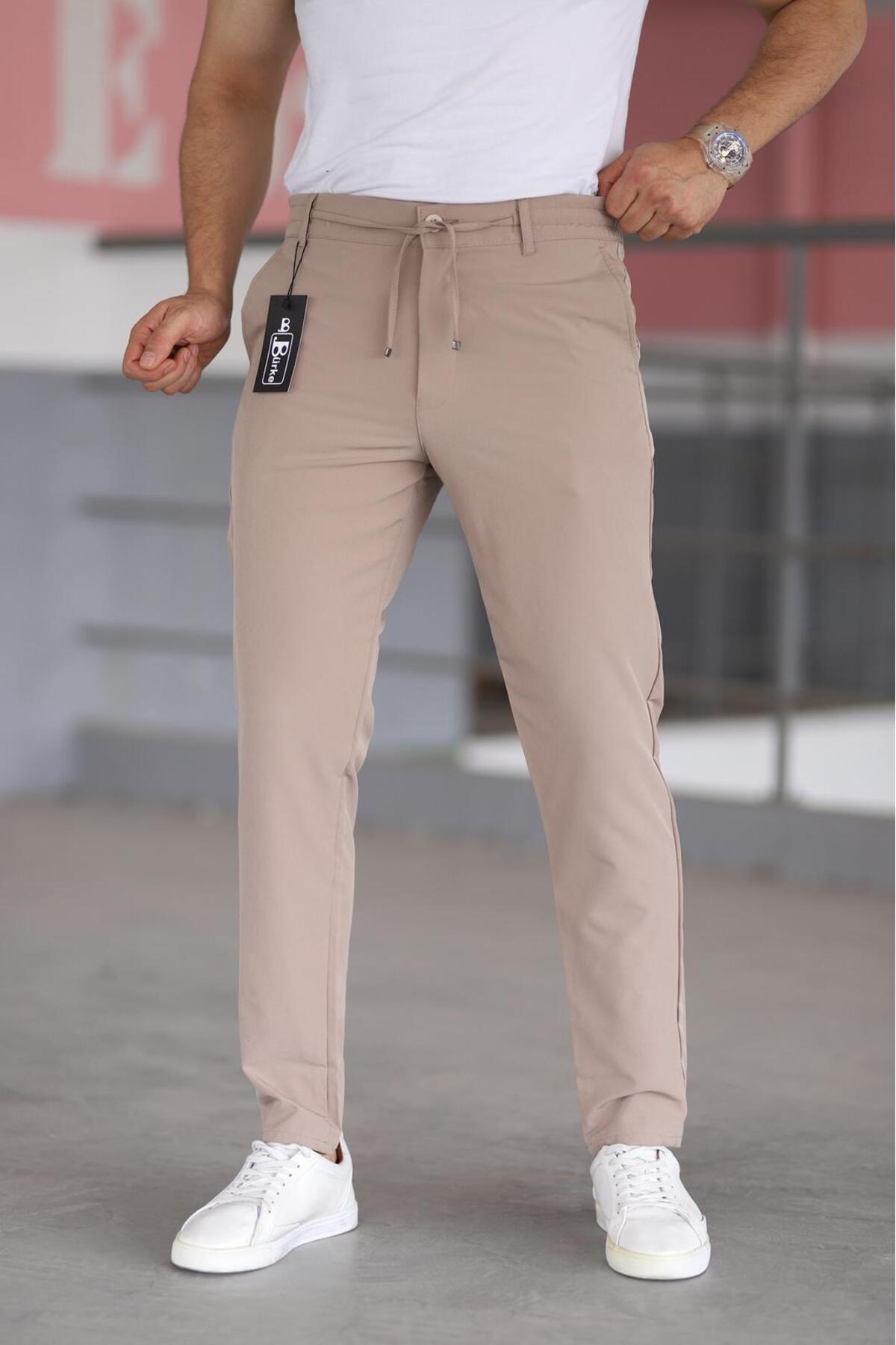 Erkek Beli Yarım Lastikli Bağcıklı Rahat Esnek Fitted Likralı Pantolon - bej