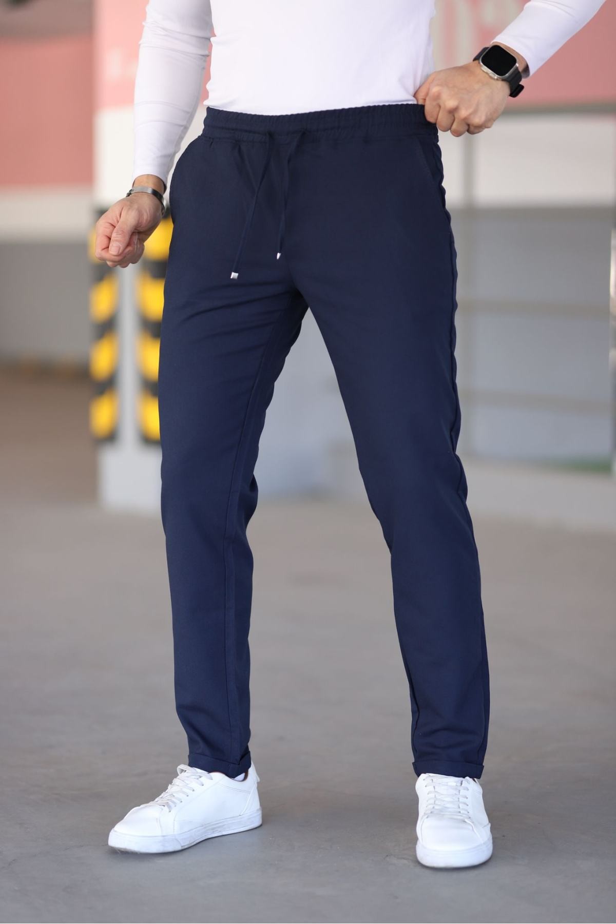 Erkek Antrasit Beli Lastikli Bağcıklı Esnek Fitted Jogger Pantolon Kumaş Pantolon - Lacivert
