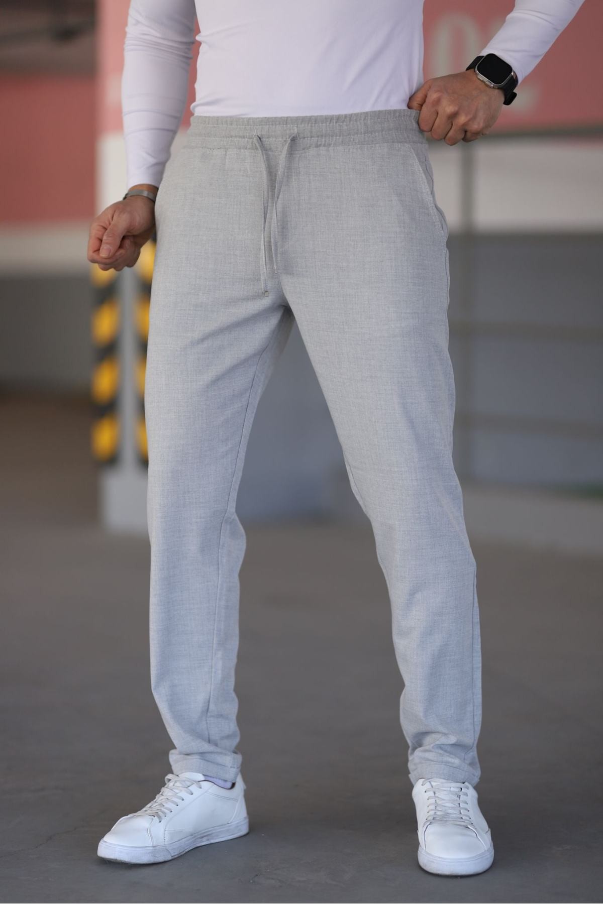 Erkek Antrasit Beli Lastikli Bağcıklı Esnek Fitted Jogger Pantolon Kumaş Pantolon - Gri