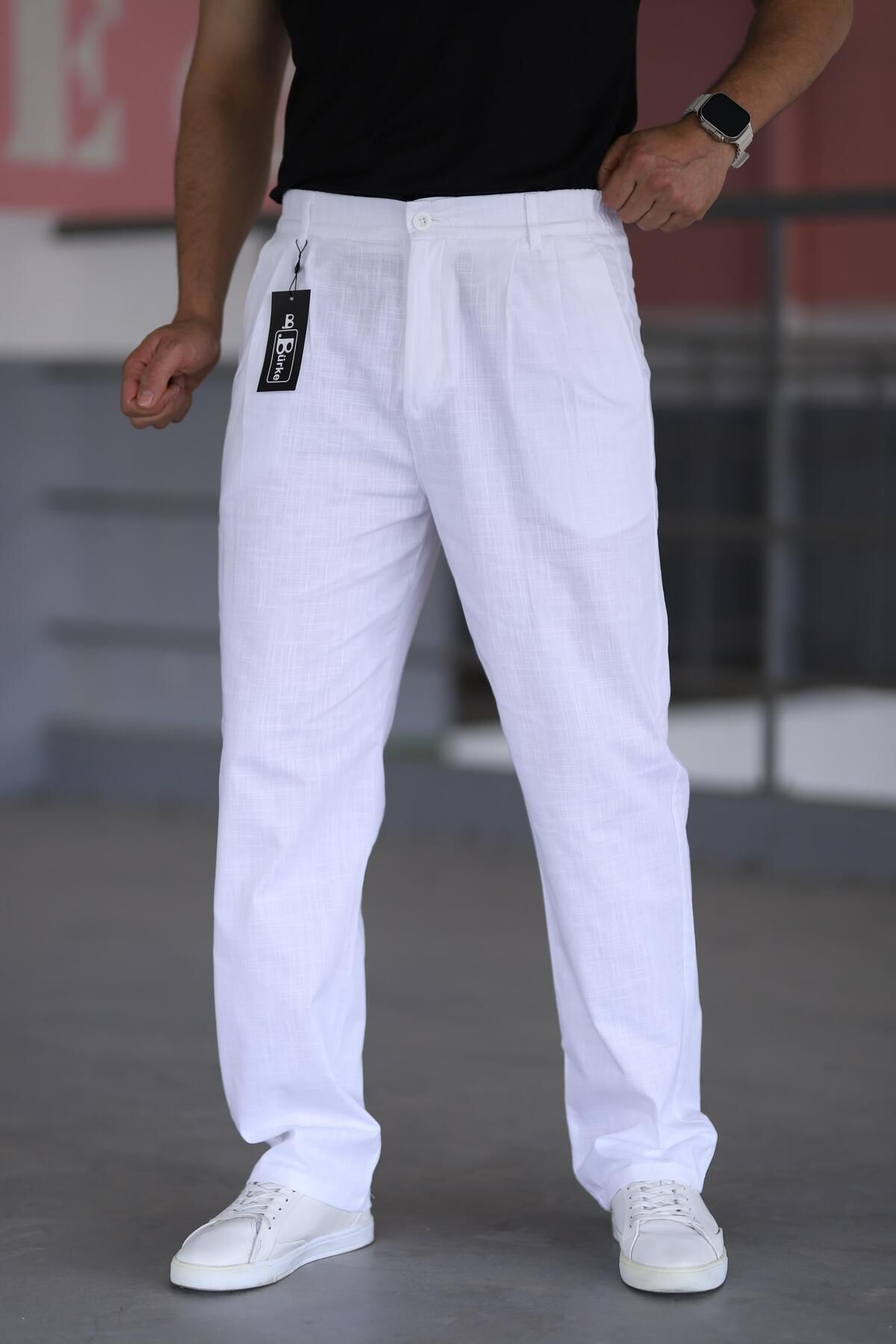Çift Pileli Beli Lastikli Kaliteli Rahat Kesim Keten Baggy Pantolon - beyaz