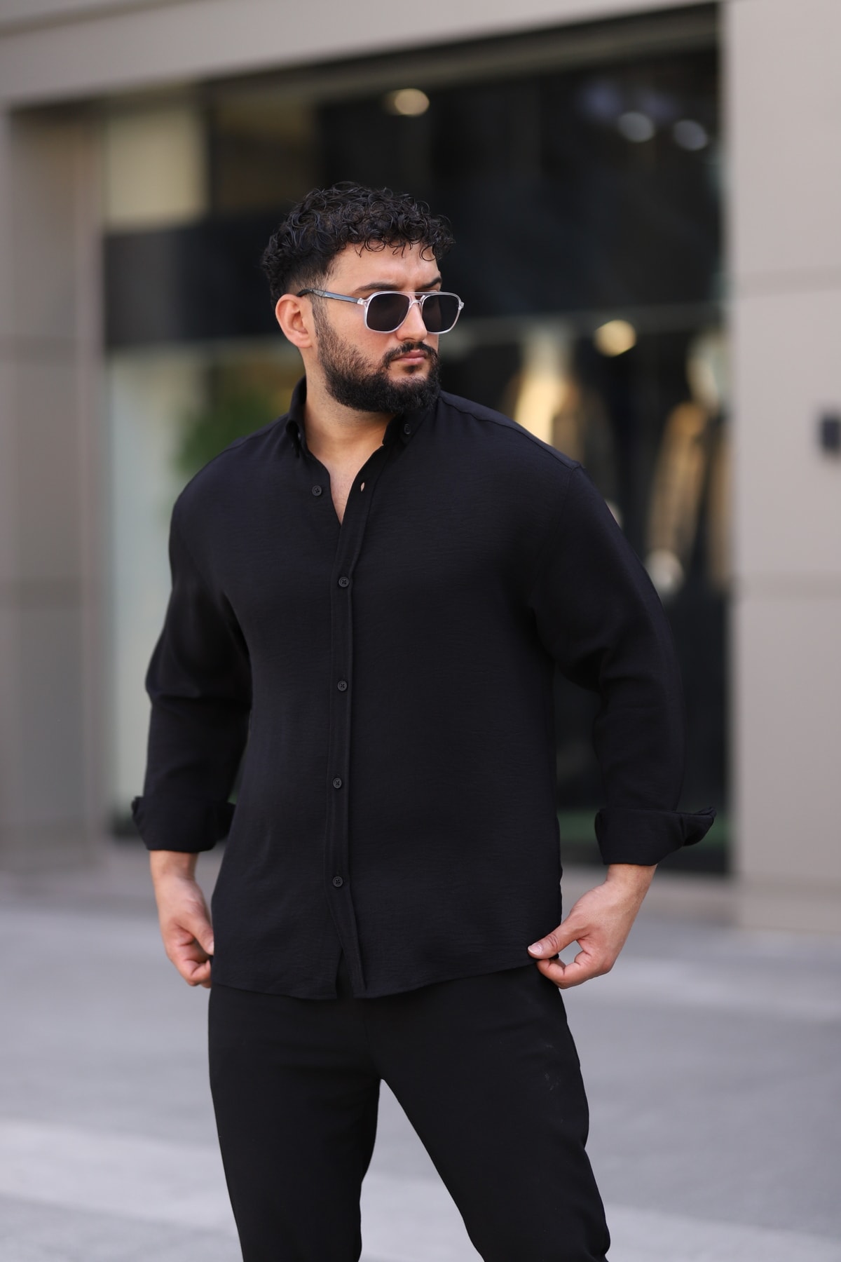 Ayrobin Uzun Kollu Esnek Likralı Rahat Yarım Oversize Erkek Gömlek - siyah