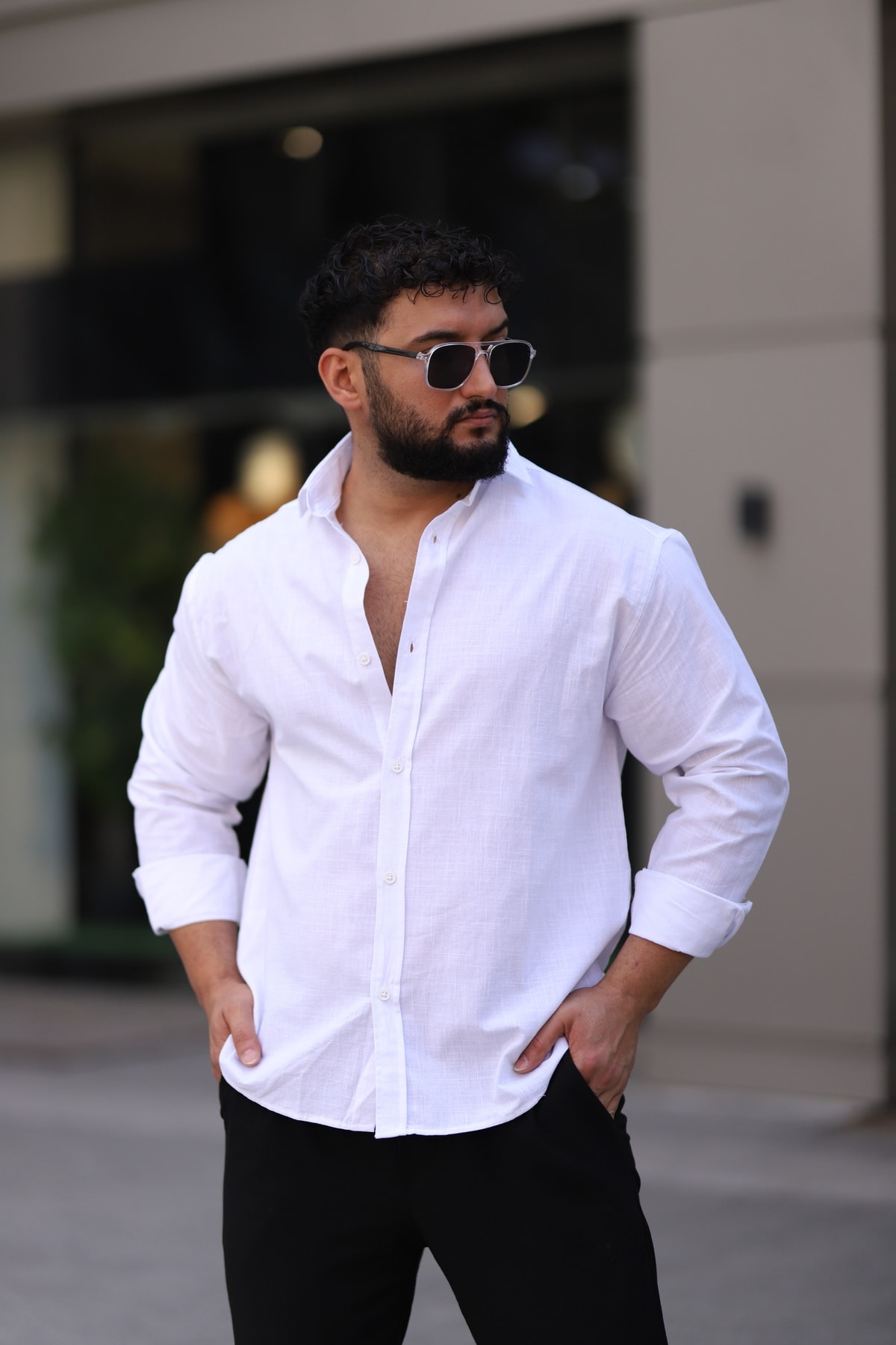 Flam Keten Dokulu Uzun Kollu Yarım Oversize Erkek Gömlek
