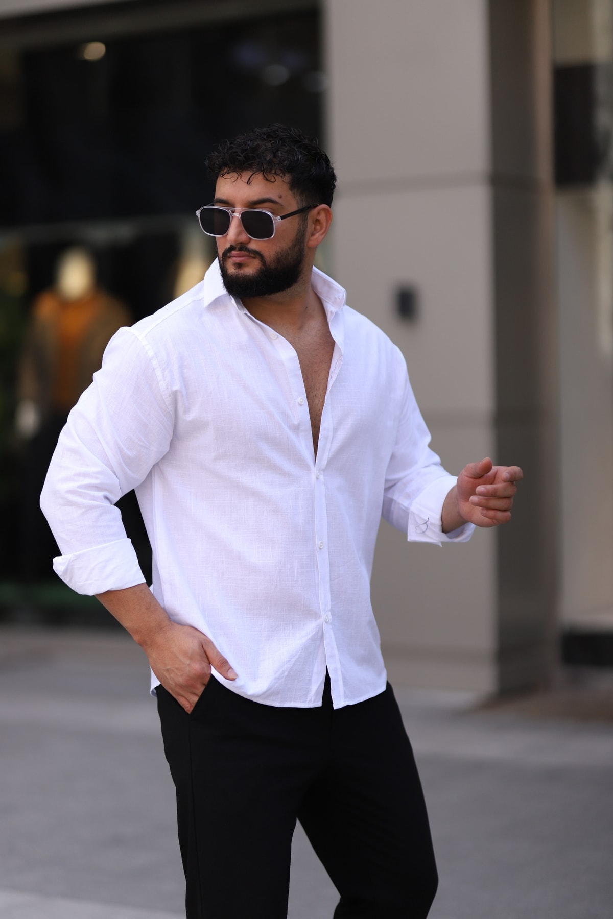 Flam Keten Dokulu Uzun Kollu Yarım Oversize Erkek Gömlek