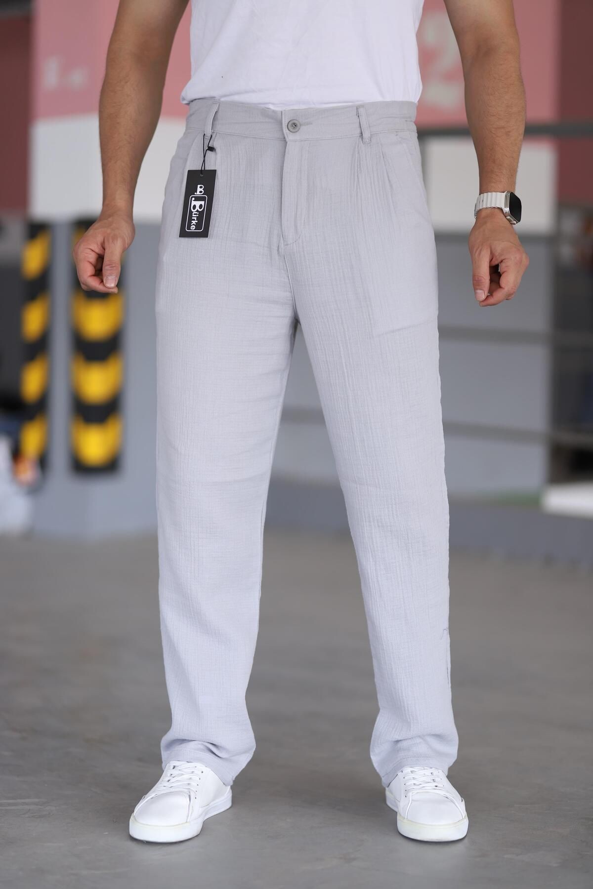 Çift Pileli Beli Lastikli Kaliteli Rahat Kesim Müslin Baggy Pantolon - gri