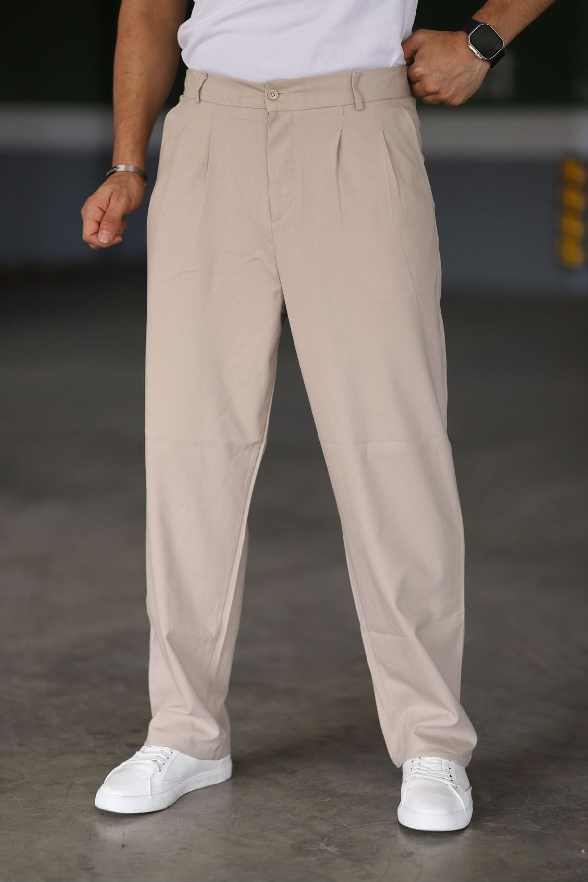 Baggy Çift Pileli  Beli Lastikli Kaliteli Rahat Kesim Klasik Bol Paça Baggy Pantolon - krem