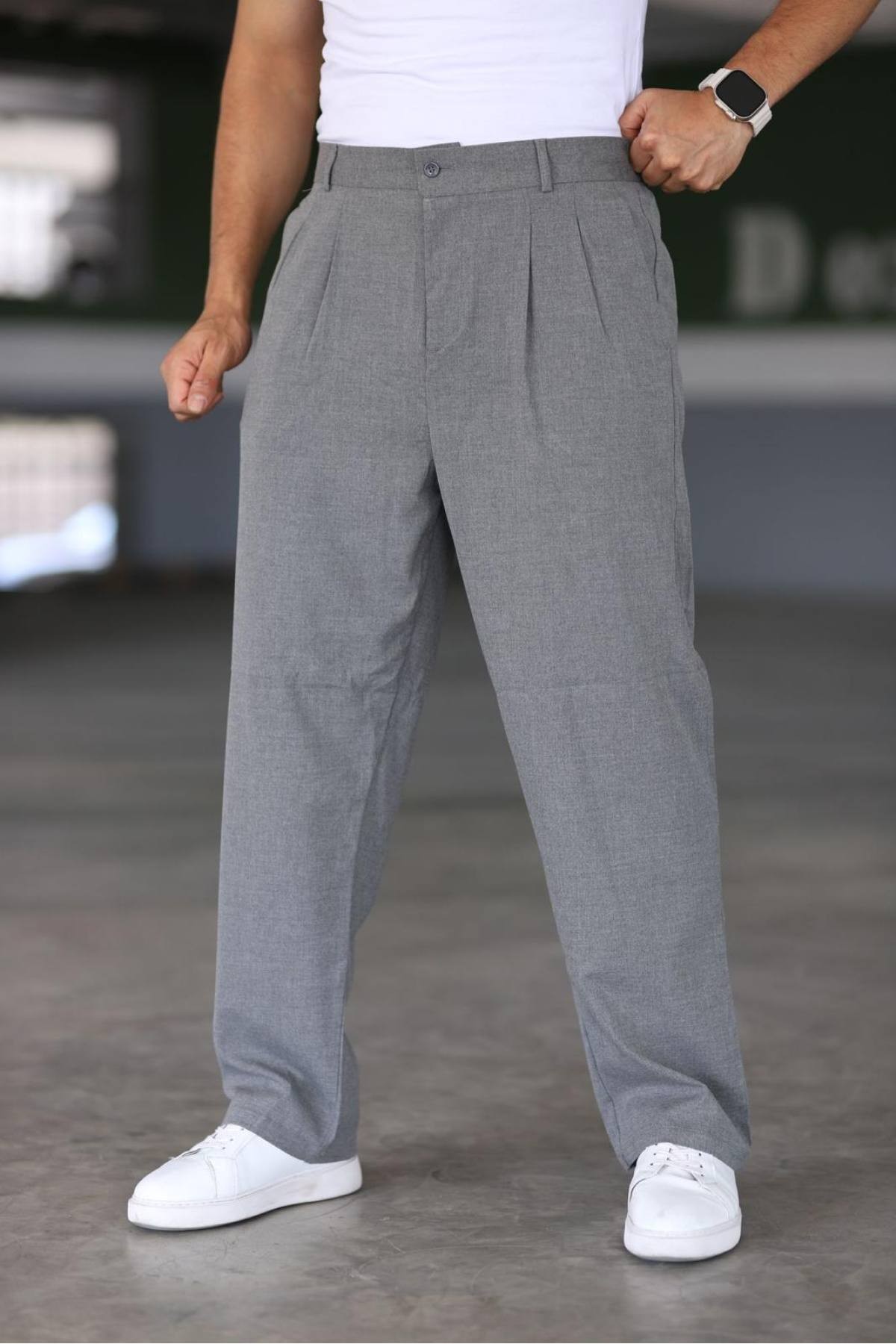 Baggy Çift Pileli Antrasit Renk Beli Lastikli Kaliteli Rahat Kesim Klasik Bol Paça Baggy Pantolon - Füme