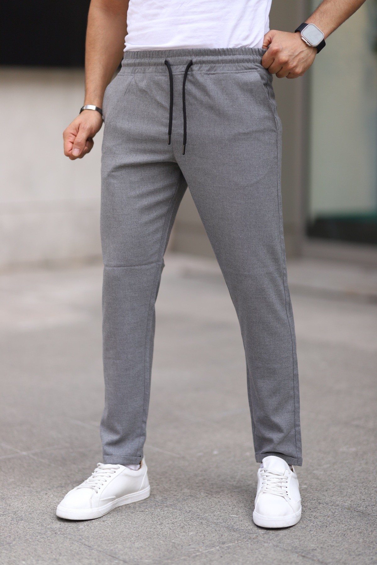 Erkek Antrasit Beli Lastikli Bağcıklı Esnek Fitted Jogger Pantolon Kumaş Pantolon - Füme