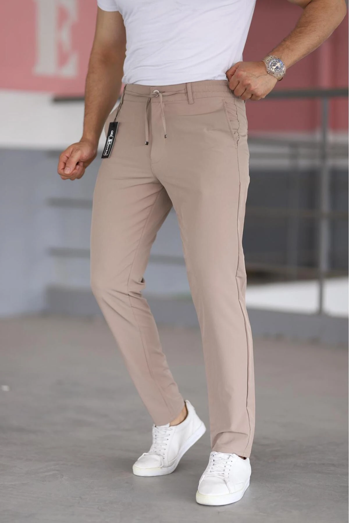 Erkek Beli Yarım Lastikli Bağcıklı Rahat Esnek Fitted Likralı Pantolon