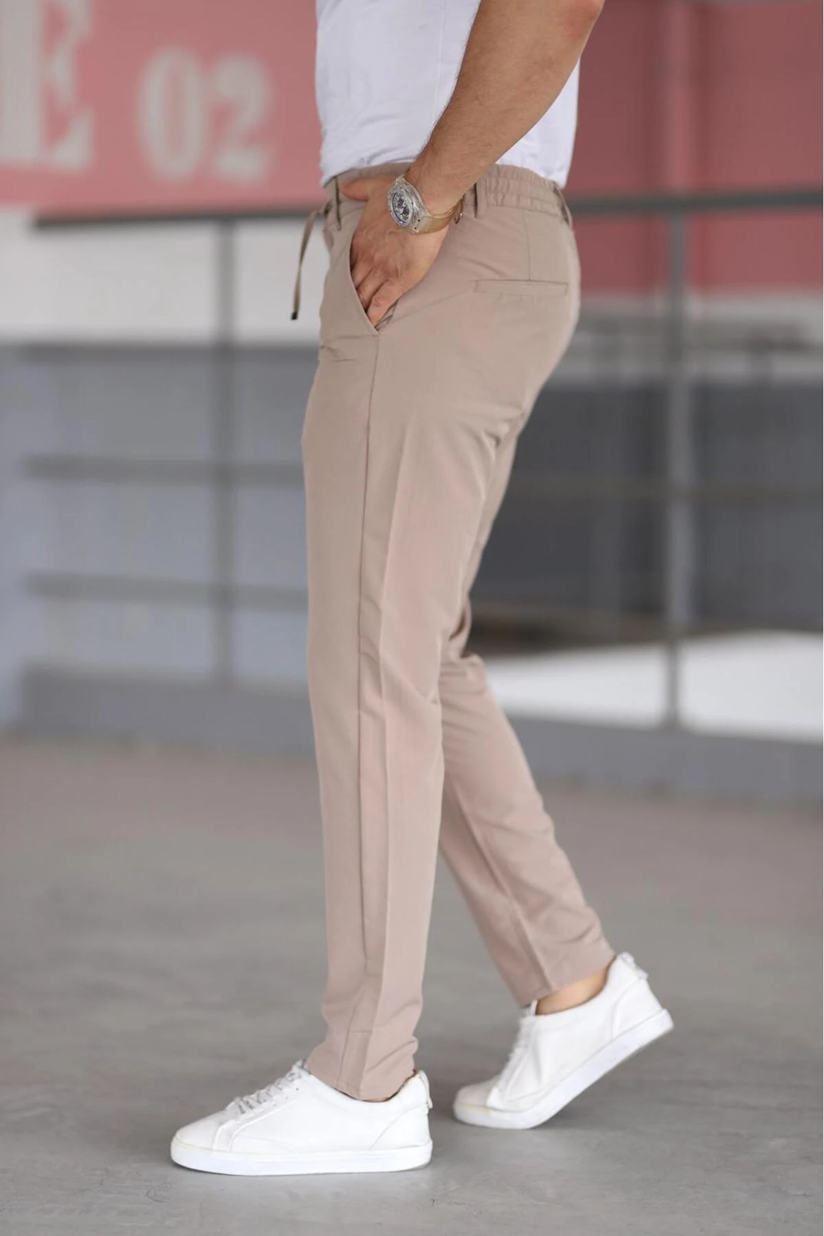 Erkek Beli Yarım Lastikli Bağcıklı Rahat Esnek Fitted Likralı Pantolon