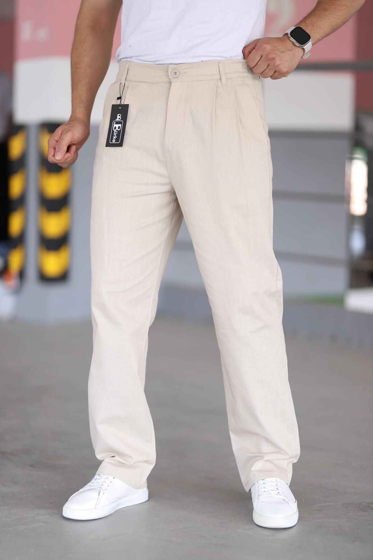 Çift Pileli Beli Lastikli Kaliteli Rahat Kesim Keten Baggy Pantolon