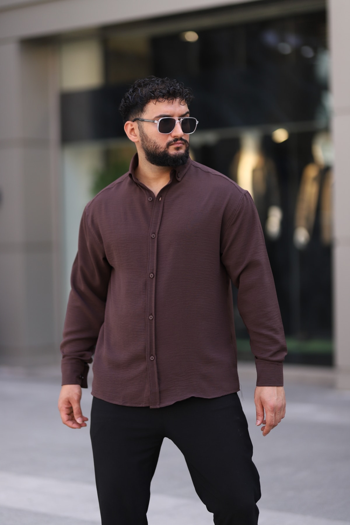 Ayrobin Uzun Kollu Esnek Likralı Rahat Yarım Oversize Erkek Gömlek - kahverengi