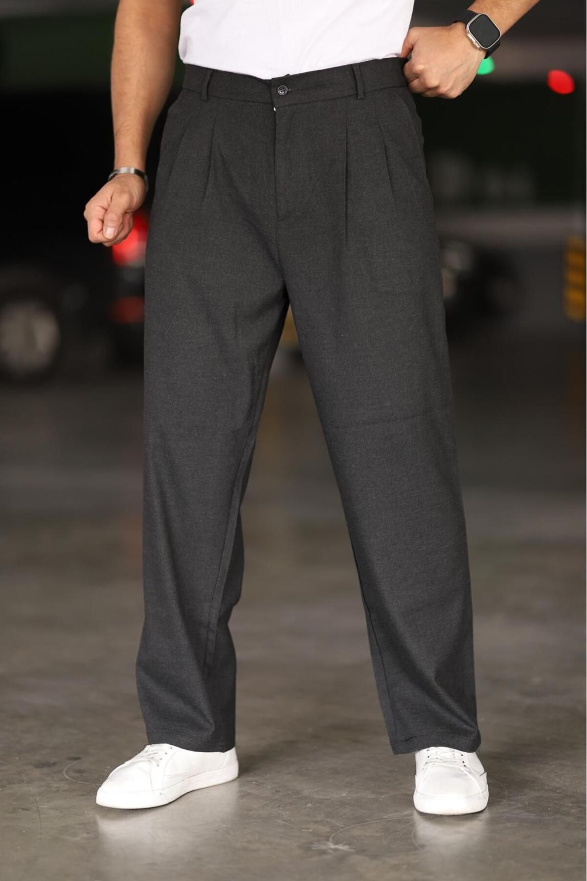 Baggy Çift Pileli ANTRASİT Renk Beli Lastikli Kaliteli Rahat Kesim Klasik Bol Paça Baggy Pantolon - 2xl