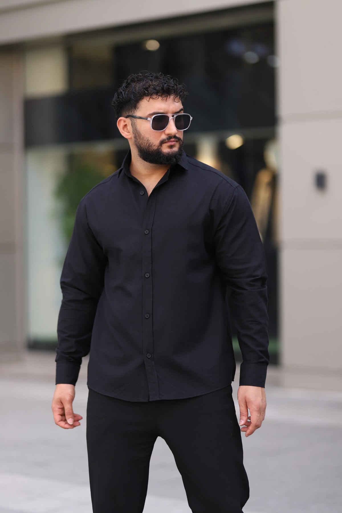 Flam Keten Dokulu Uzun Kollu Yarım Oversize Erkek Gömlek - siyah