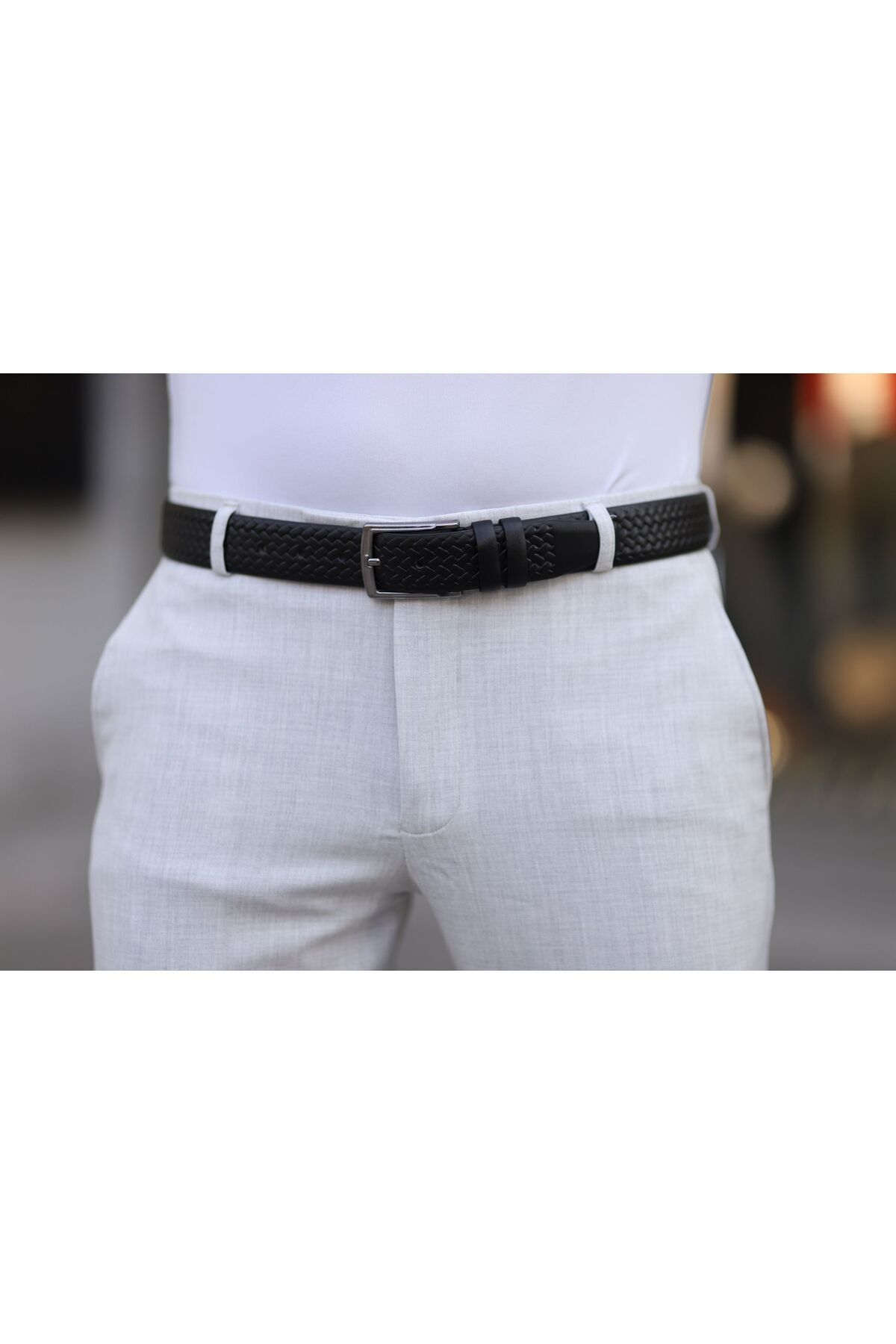 Erkek  Siyah Deri Kemer Burgu Detaylı Metal Tokalı Klasik Kumaş Pantolon Kemeri 3,5 cm - 2xl