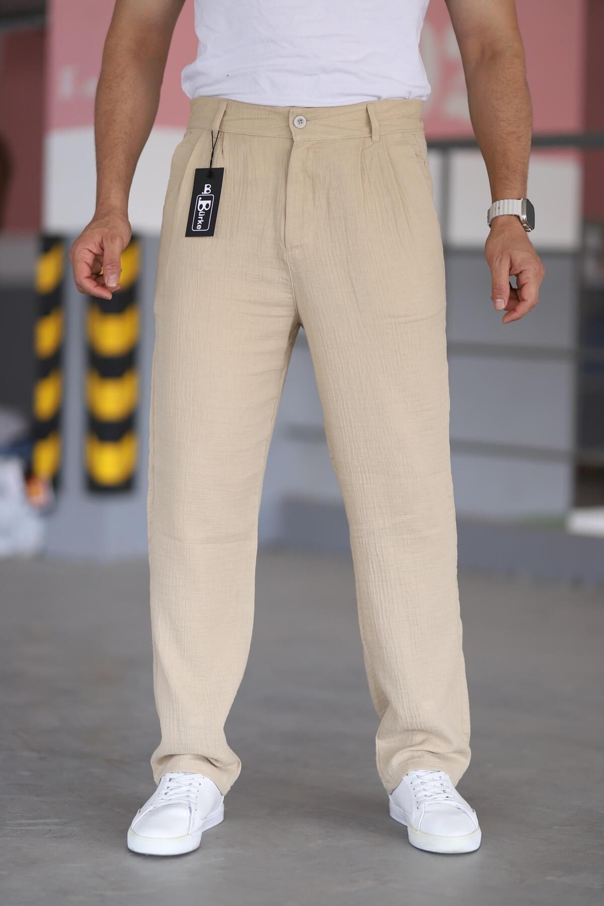 Çift Pileli Beli Lastikli Kaliteli Rahat Kesim Müslin Baggy Pantolon - bej