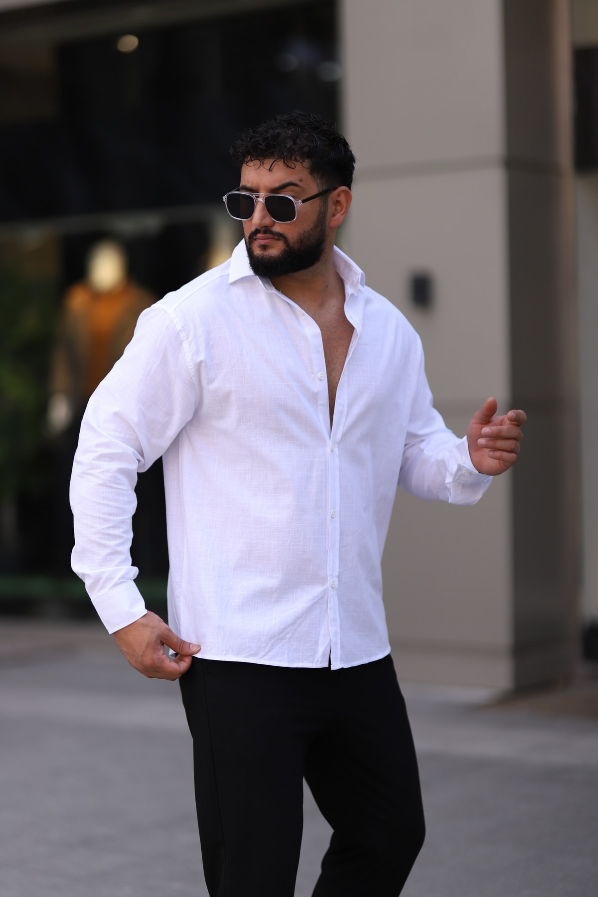 Flam Keten Dokulu Uzun Kollu Yarım Oversize Erkek Gömlek
