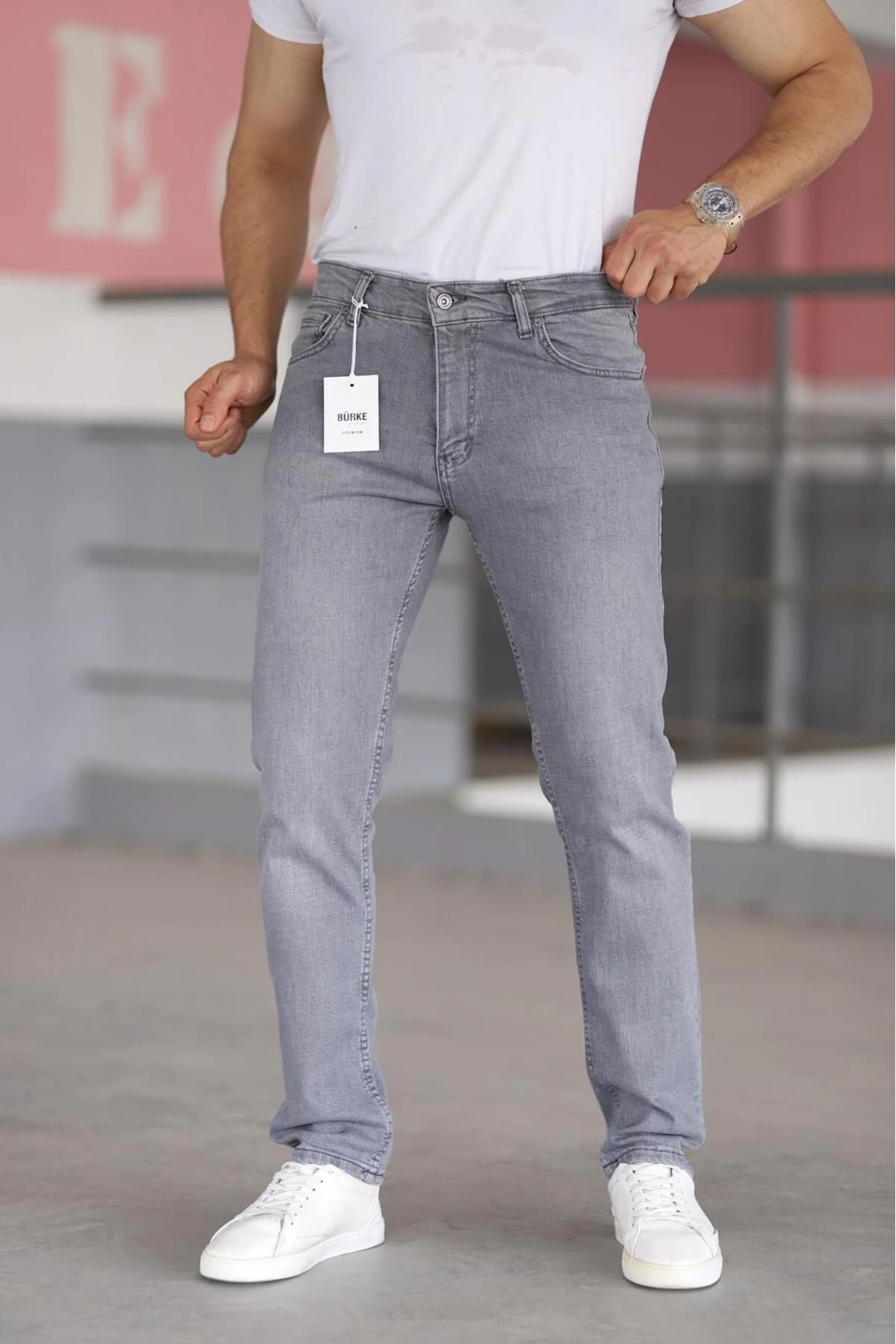 Premium Erkek Regular Fit Rahat Kesim Esnek Likralı Denim Jeans Kot Pantolon - gümüş