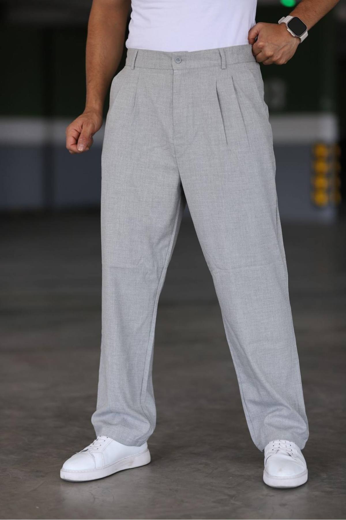 Baggy Çift Pileli Antrasit Renk Beli Lastikli Kaliteli Rahat Kesim Klasik Bol Paça Baggy Pantolon - Gri