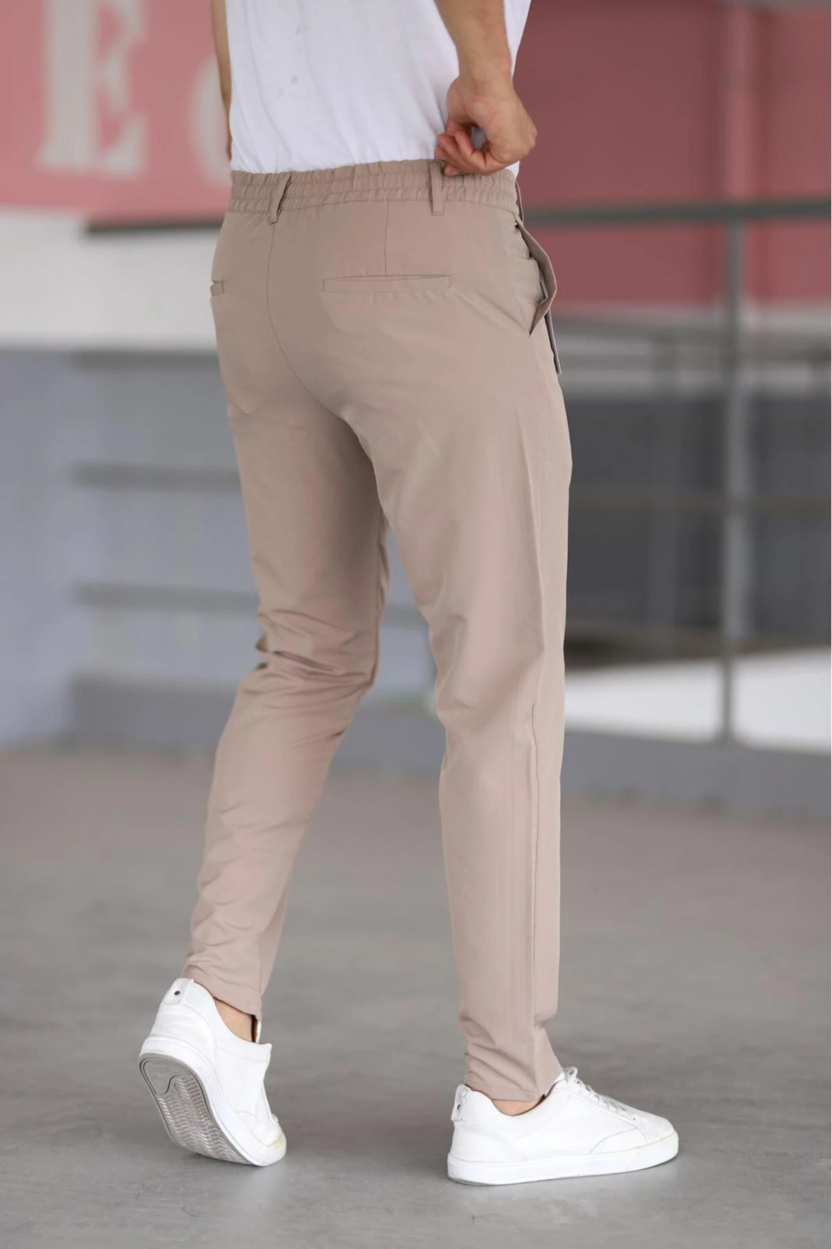 Erkek Beli Yarım Lastikli Bağcıklı Rahat Esnek Fitted Likralı Pantolon