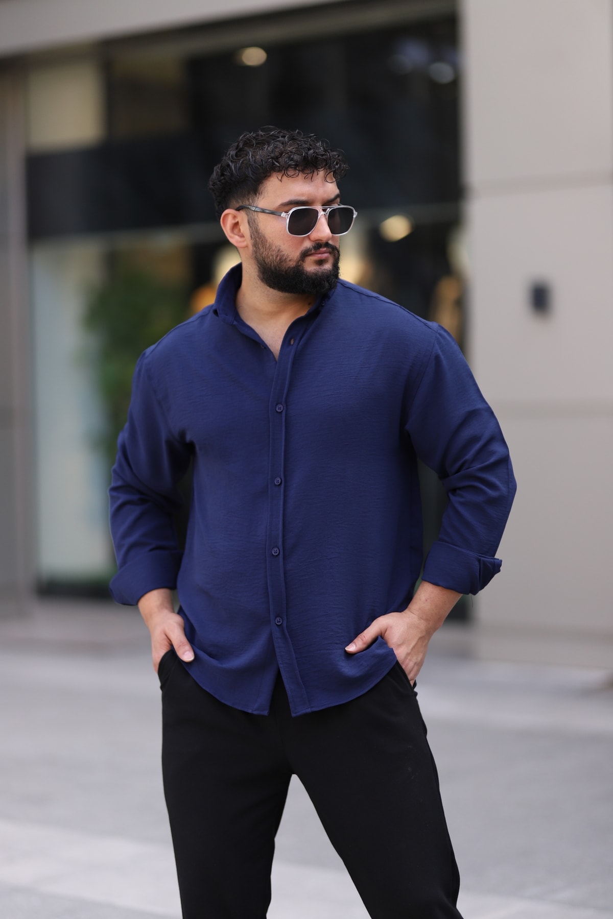Ayrobin Uzun Kollu Esnek Likralı Rahat Yarım Oversize Erkek Gömlek - lacivert