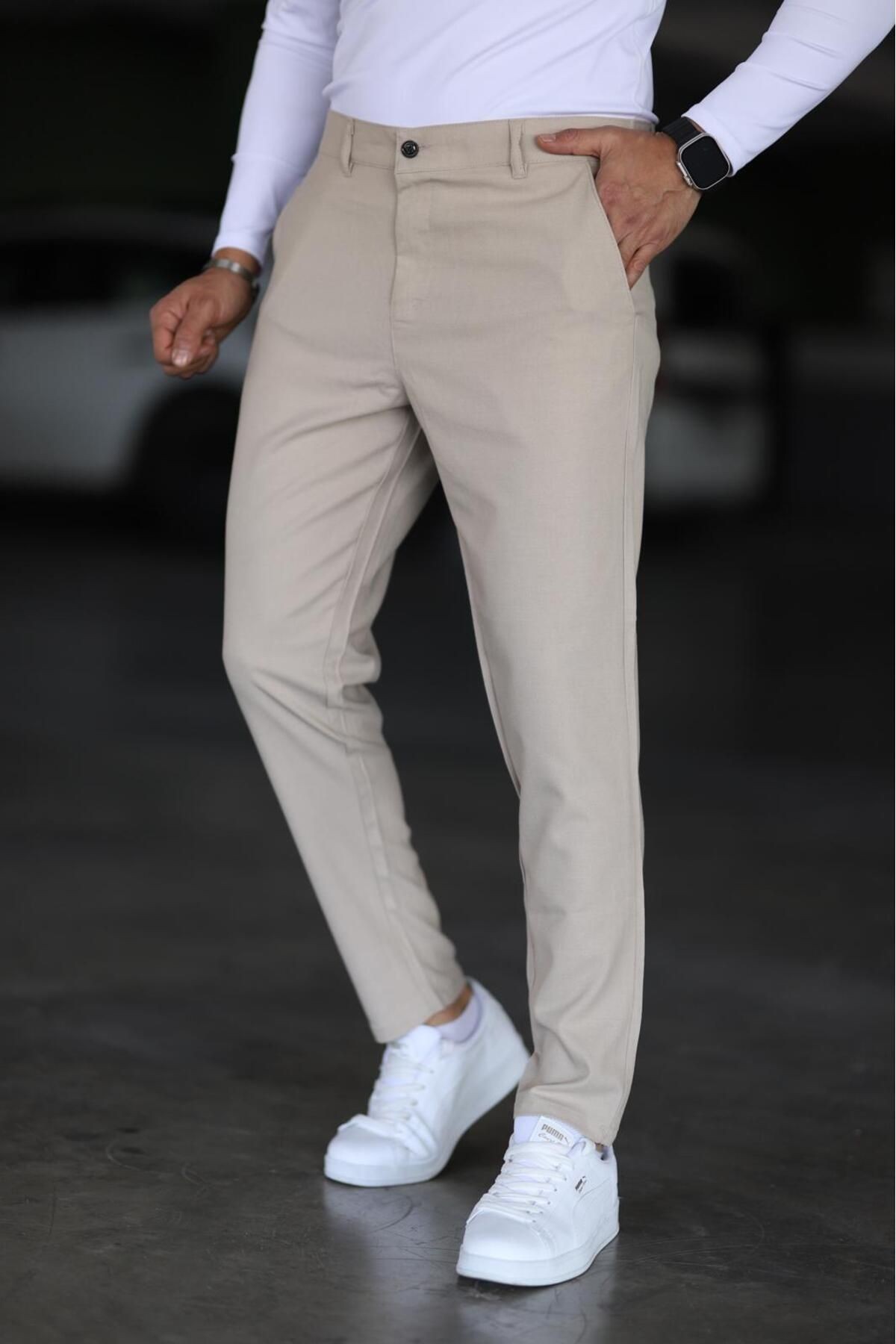 Erkek italyan Kesim Slim Fit Kumaş Pantolon - krem