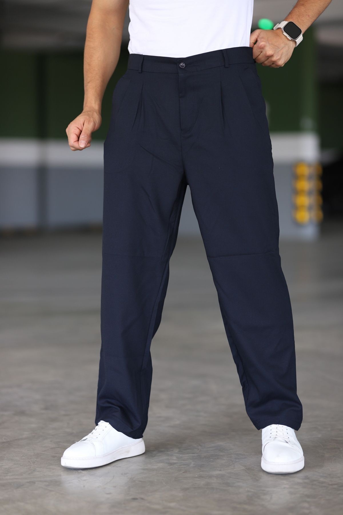 Baggy Çift Pileli  Beli Lastikli Kaliteli Rahat Kesim Klasik Bol Paça Baggy Pantolon - laci̇vert