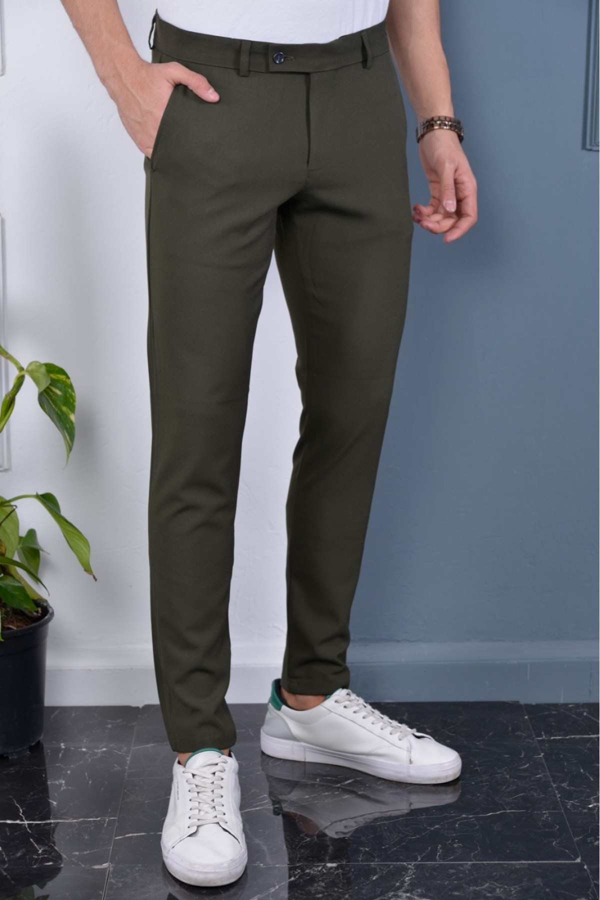 Bürke Erkek Okul Grisi İtalyan Kesim Slimfit Kumaş Pantolon - Haki