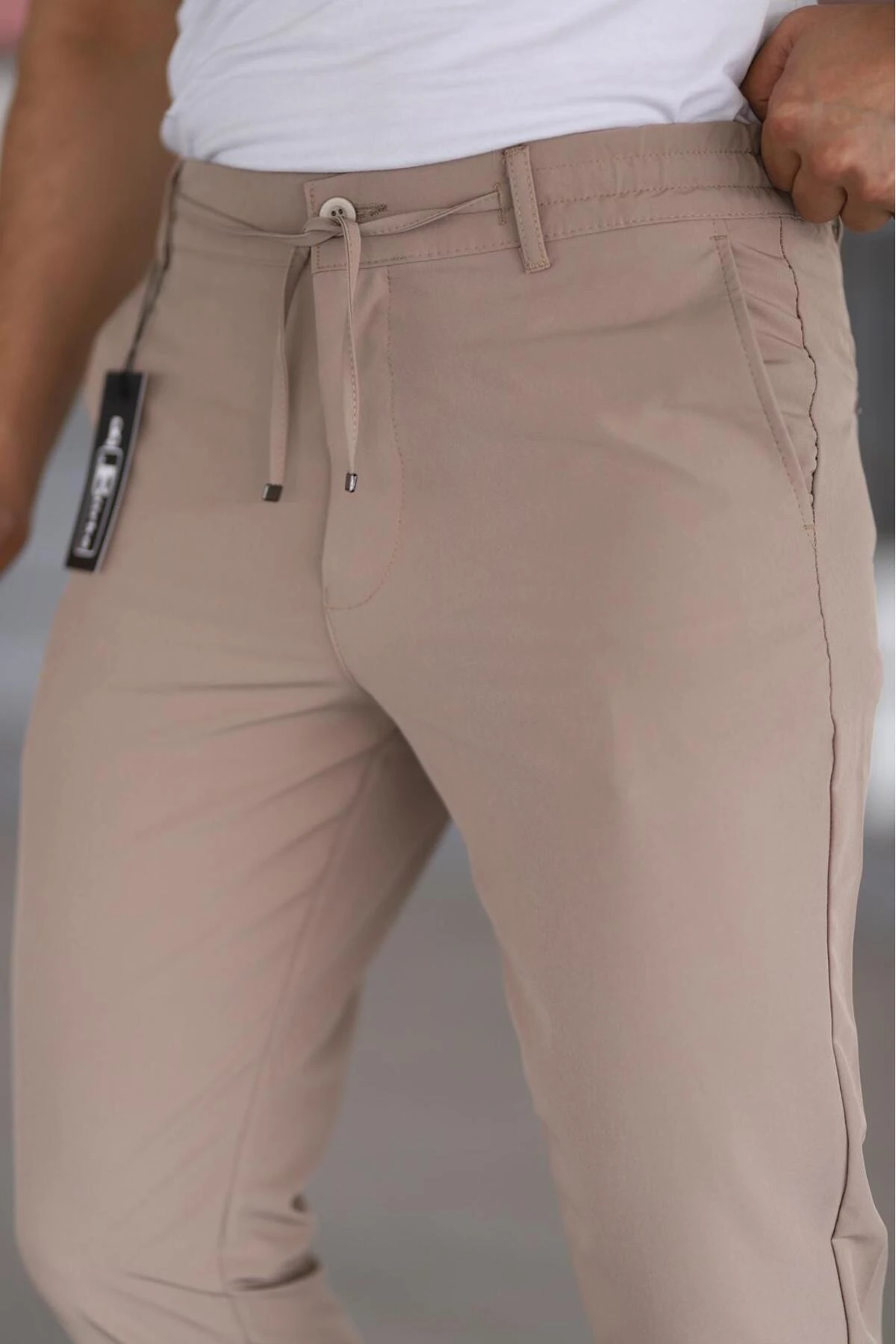 Erkek Beli Yarım Lastikli Bağcıklı Rahat Esnek Fitted Likralı Pantolon