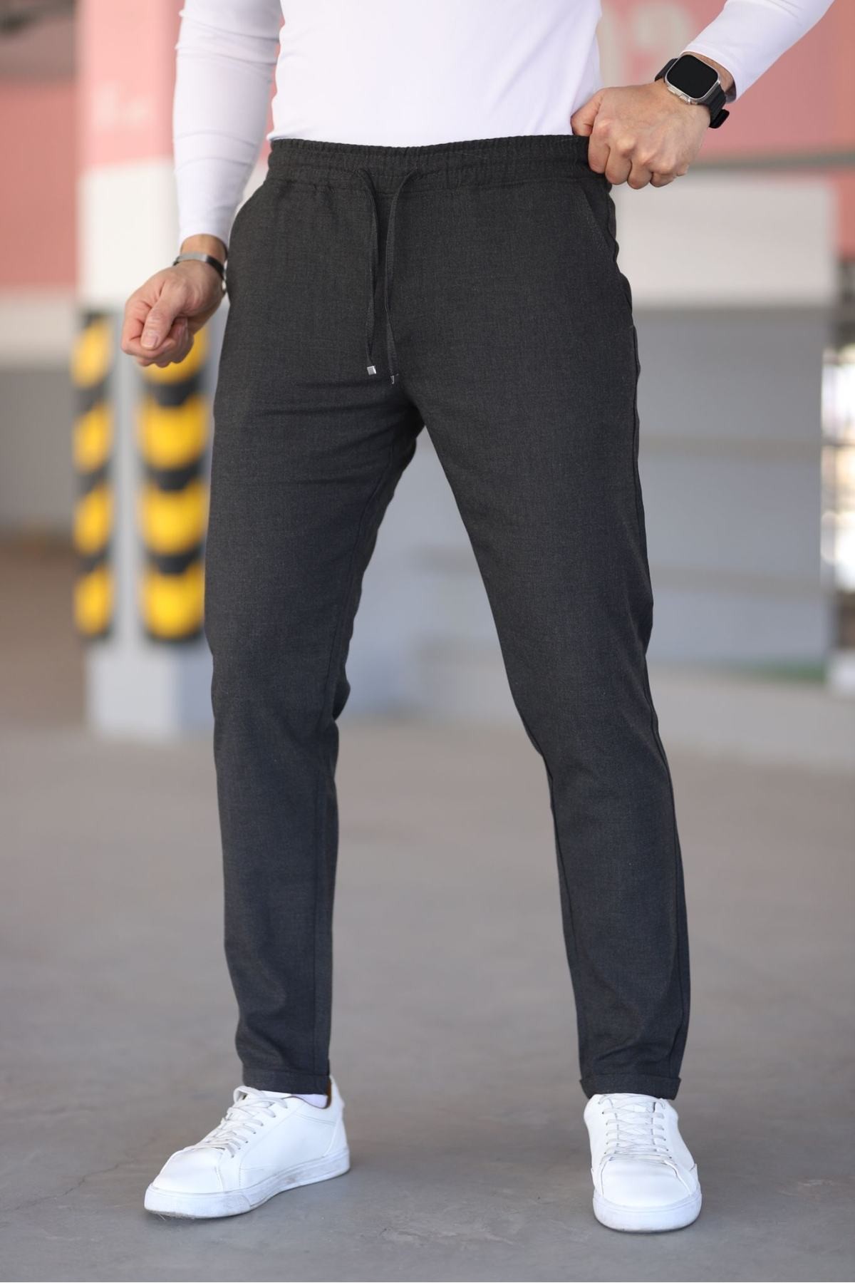 Erkek Antrasit Beli Lastikli Bağcıklı Esnek Fitted Jogger Pantolon Kumaş Pantolon - Antrasit