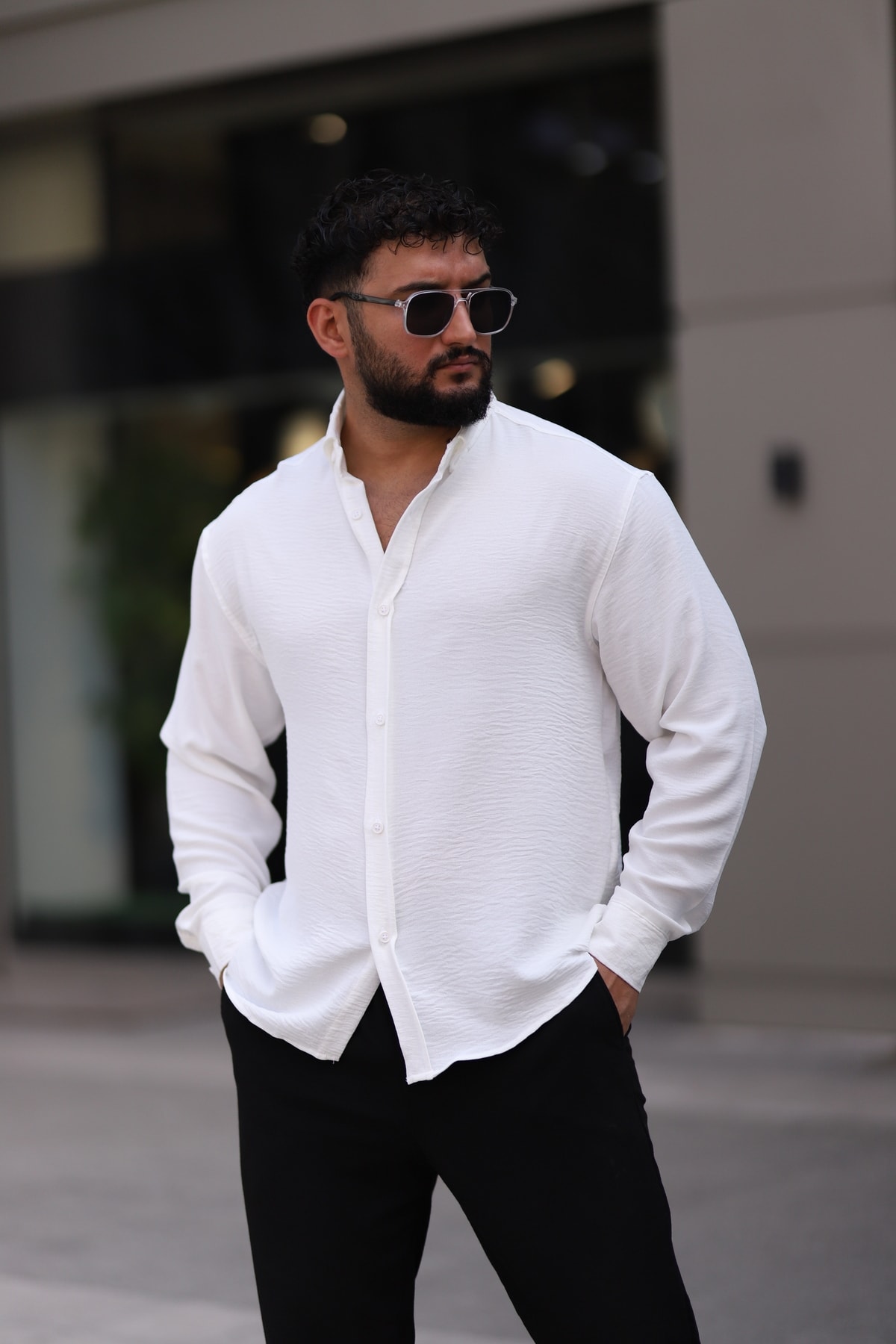 Ayrobin Uzun Kollu Esnek Likralı Rahat Yarım Oversize Erkek Gömlek - beyaz