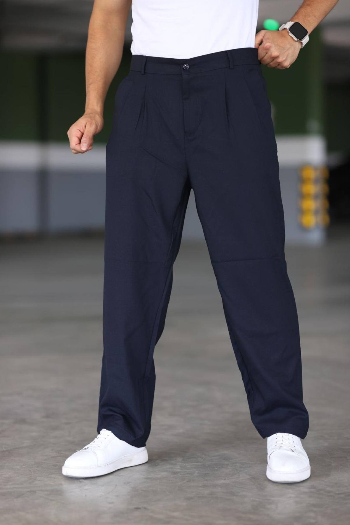 Baggy Çift Pileli Antrasit Renk Beli Lastikli Kaliteli Rahat Kesim Klasik Bol Paça Baggy Pantolon - Lacivert