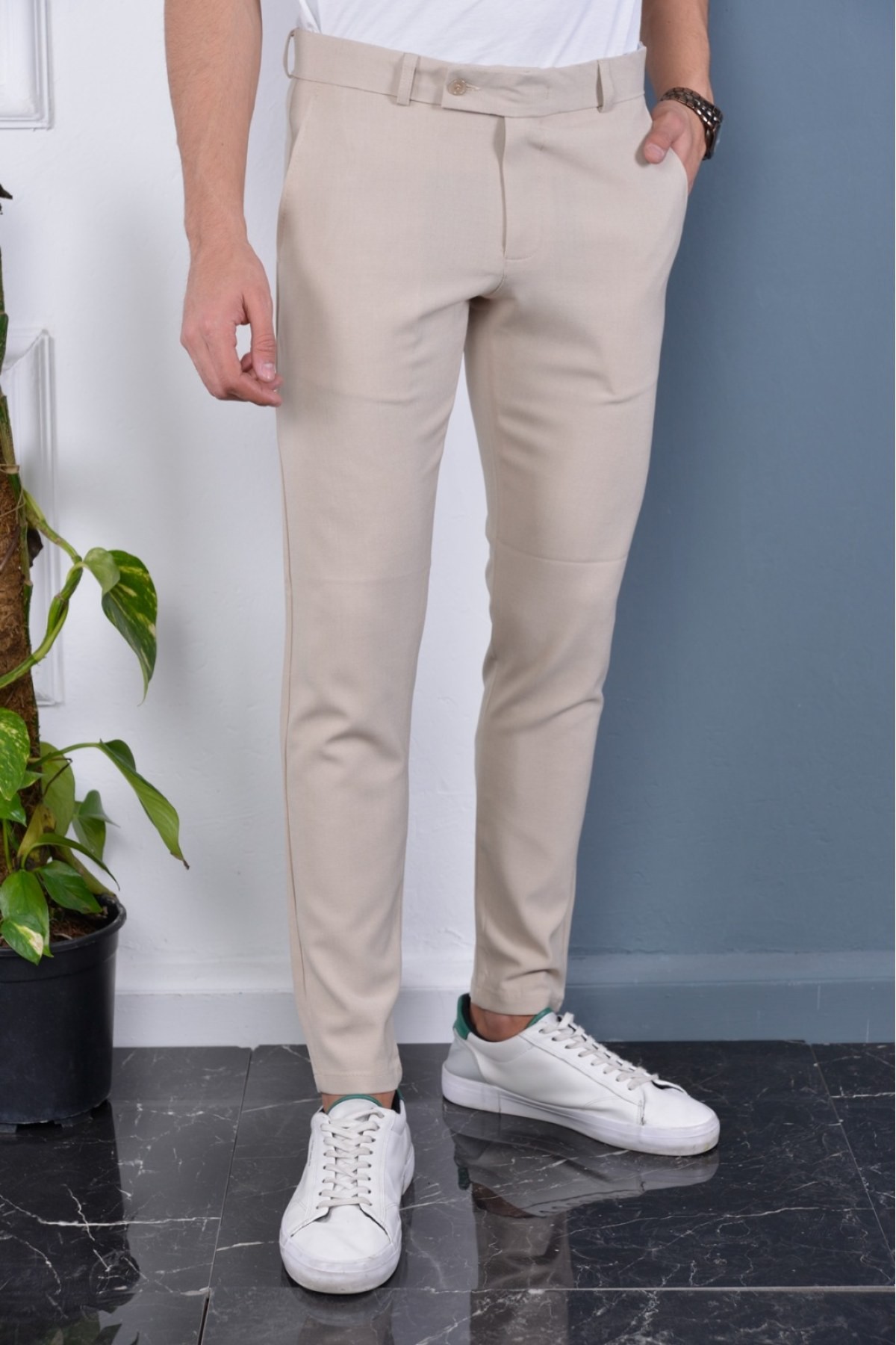 Bürke Erkek Okul Grisi İtalyan Kesim Slimfit Kumaş Pantolon - Krem