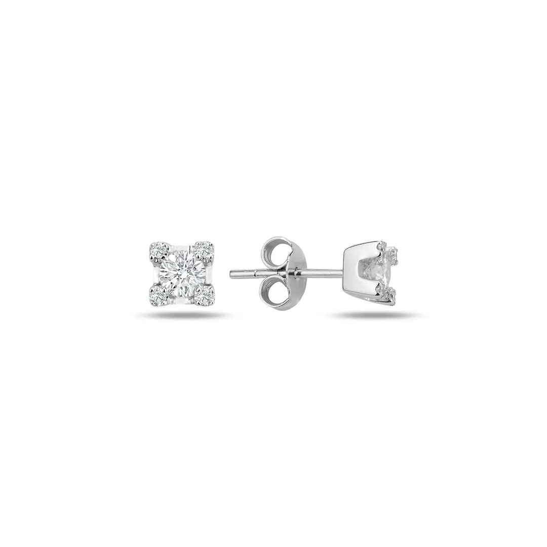Asscher Pırlanta Düğme Arkalı Sallantılı Küpe